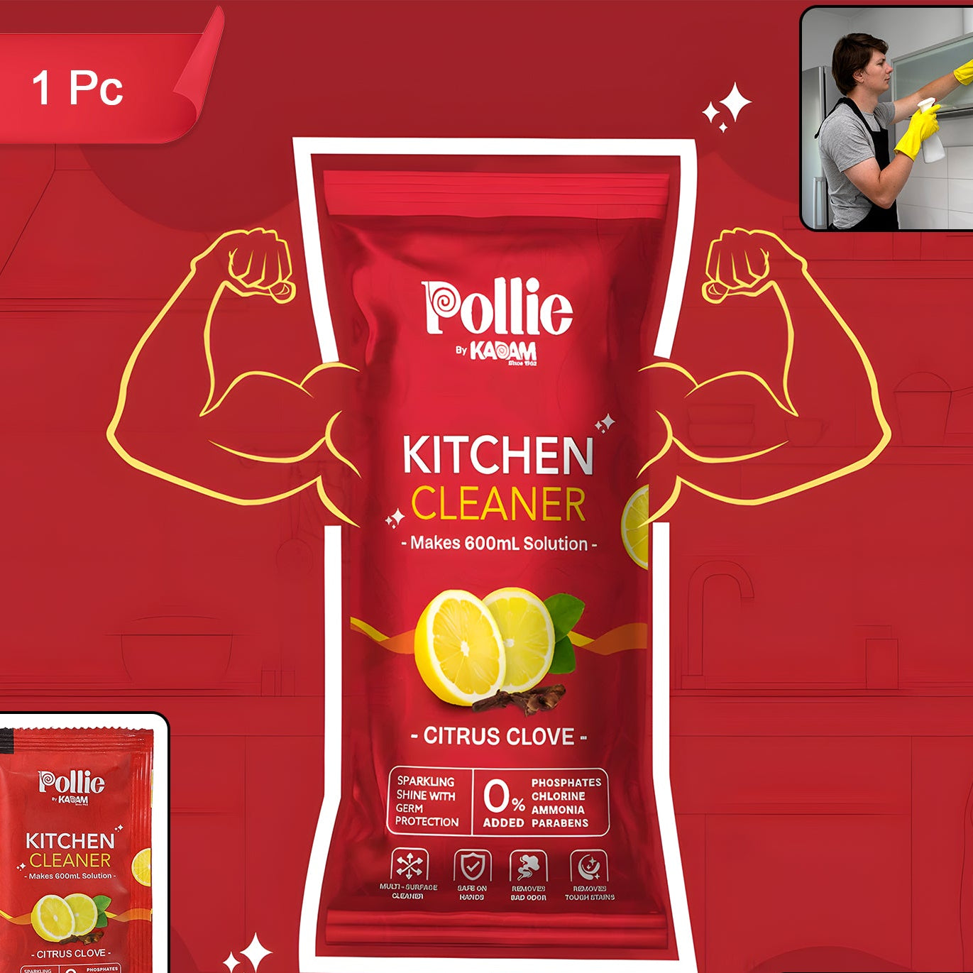 Pollic Kadam Concentrated Kitchen Cleaner Sachet - Makes 600ml Citrus Clove Solution - Happy Price - Image 1