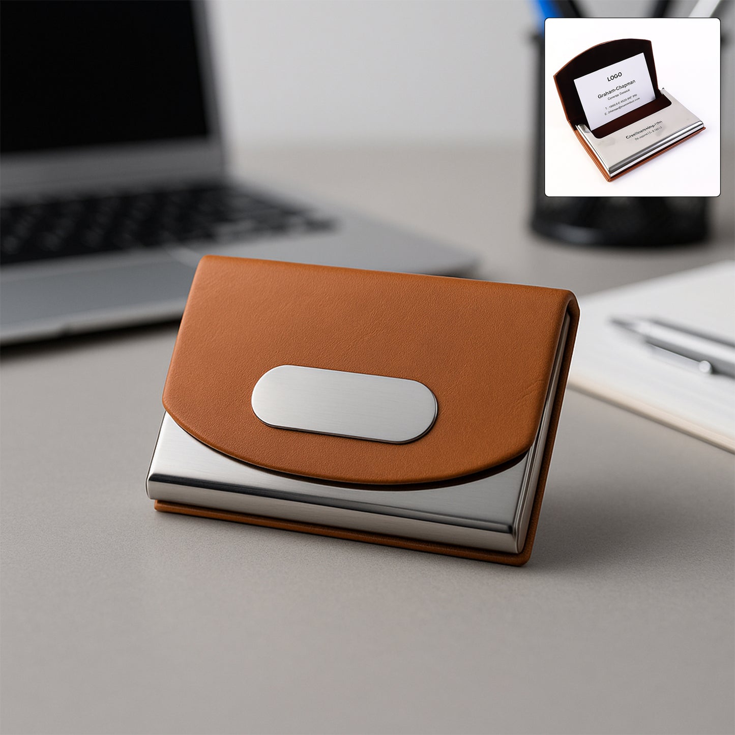Elegant Leather & Stainless Steel Business Card Holder (1 Pc) - Happy Price - Image 2