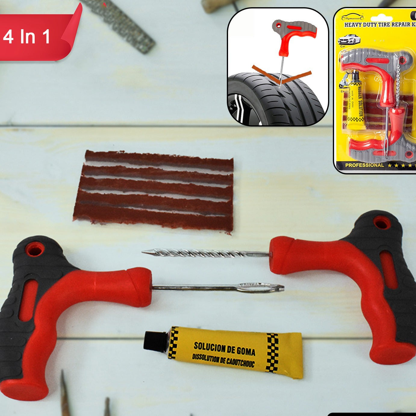 4 In 1 Universal Tubeless Tyre Puncture Repair Kit Puncher Patch Tools - Happy Price - Image 1