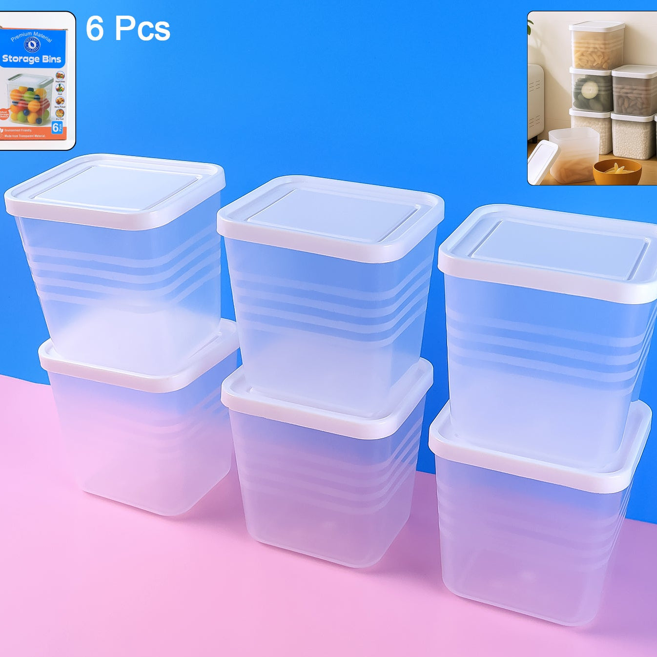 Transparent Square Plastic Food Containers with Airtight Lids - Set of 6 Pcs - Happy Price - Image 1