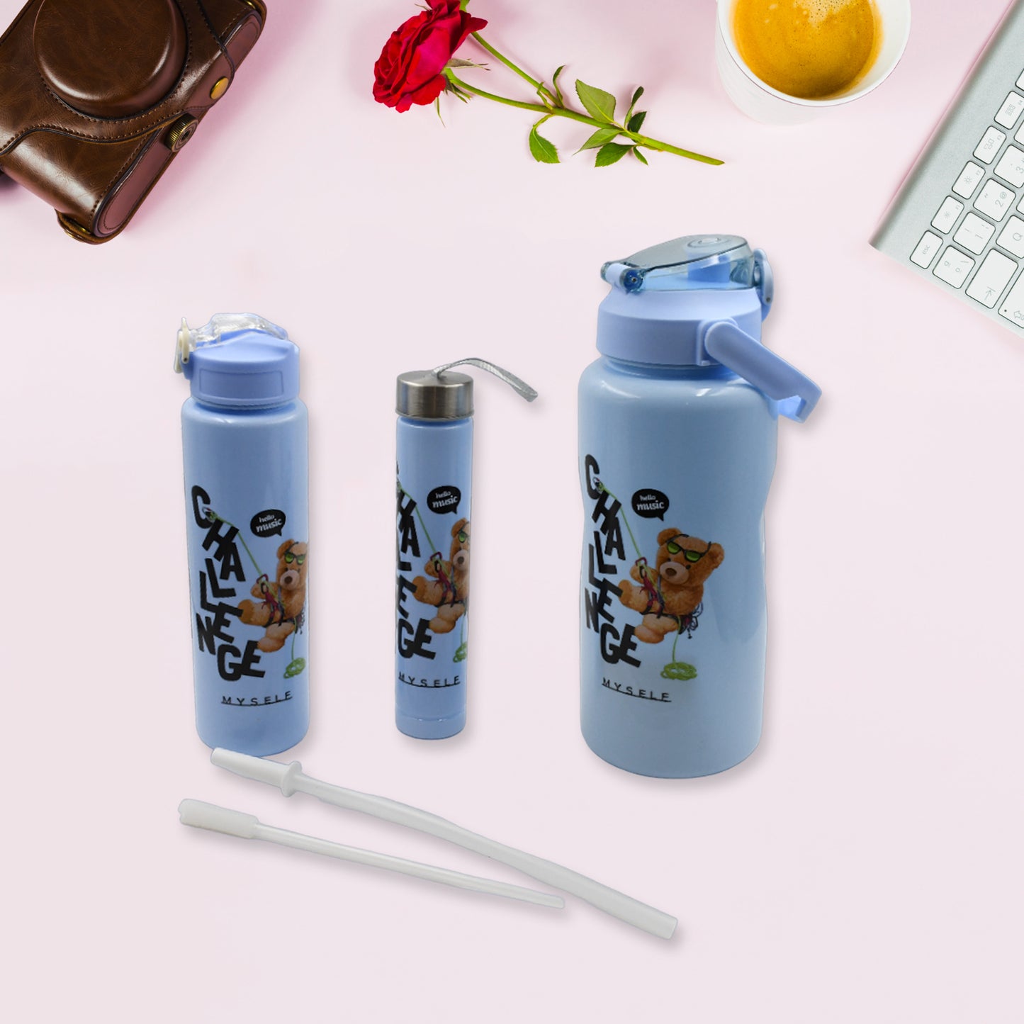 Plastic Water Bottle 3pc Set3  Different Size Bottle High Quality Water Bottle Plastic Water Bottle Bpa-free  Leak-proof  Cartoon Printed Design For Kids School For Fridge Office Sports School Gym Yoga (3 Pc Set) - Happy Price - Image 2