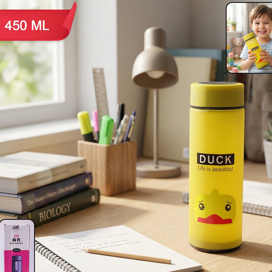 Cute Cartoon Design Frosted Glass Water Bottle With Leak Proof Lid (450 Ml)