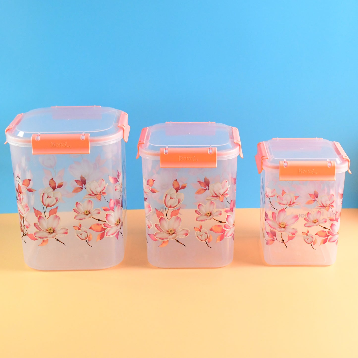 Square 3 Pcs Floral Printed Airtight Storage Container Set  Approx 2.8 Ltr 4.5 Ltr 6.9 Ltr (3 Pcs Set) - Happy Price - Image 5