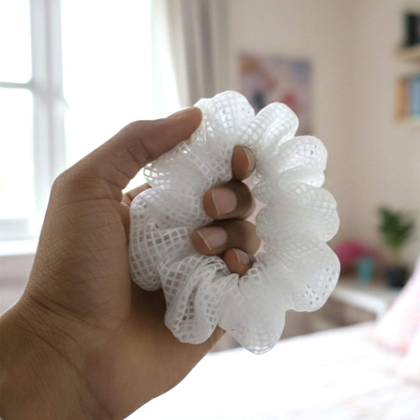 White Mesh Fabric Hair Scrunchie for Ponytails & Buns (1 Pc) - Happy Price - Image 3