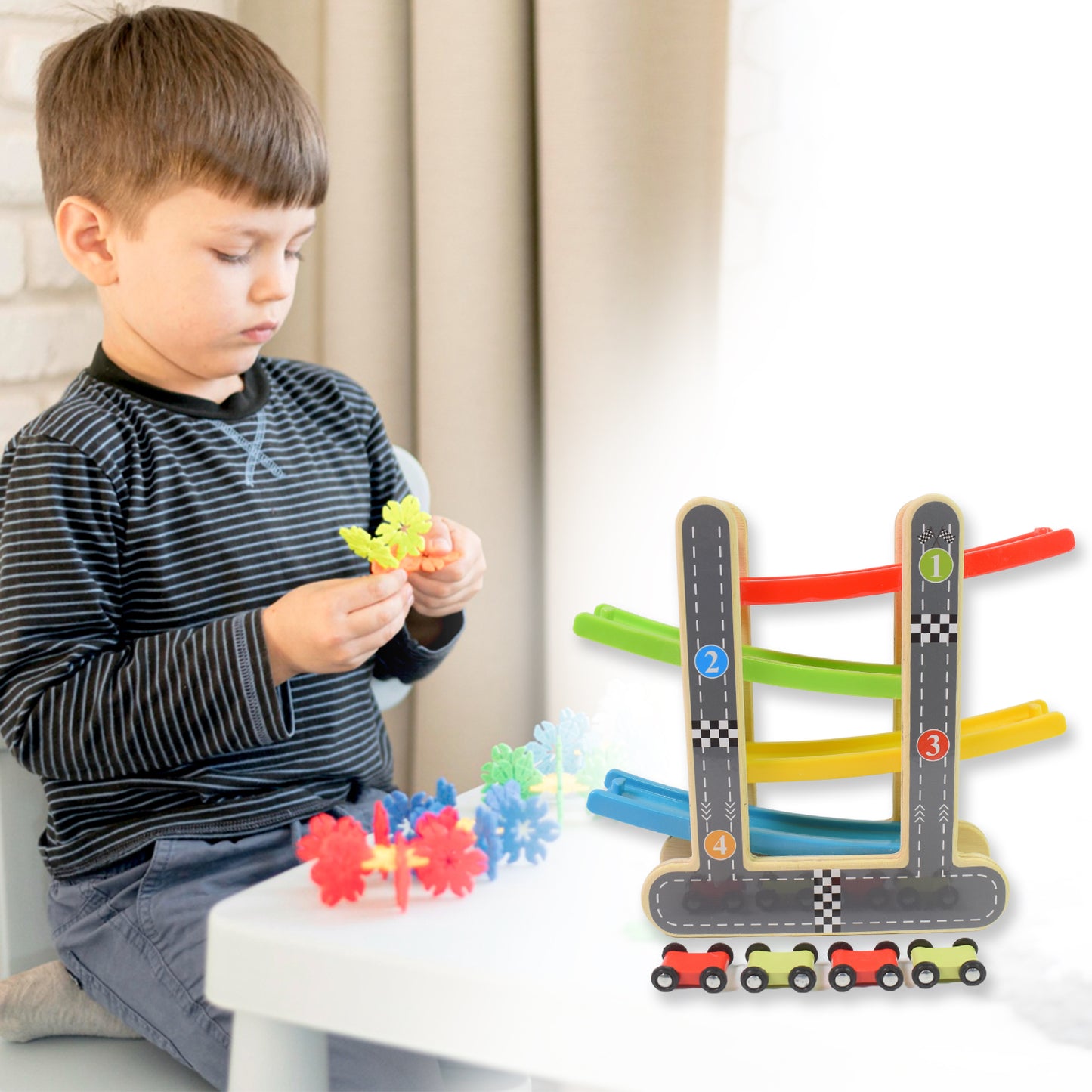 Wooden Ramp Racer Race Track Vehicle Play Sets With 4 Mini Racers (With Handle) - Happy Price - Image 3