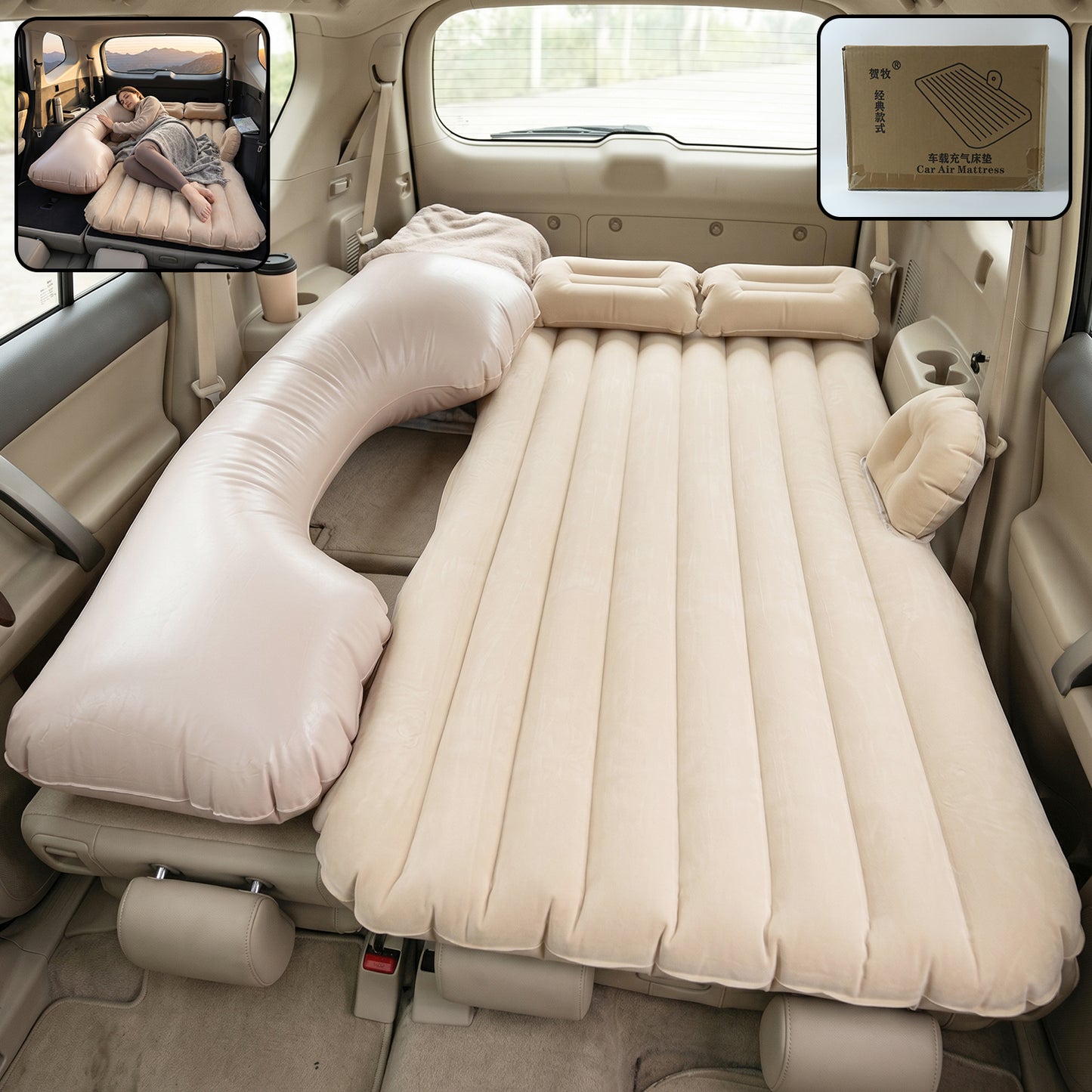 Portable Car Air Mattress Set with Pump & Pillows - Beige - Happy Price - Image 2