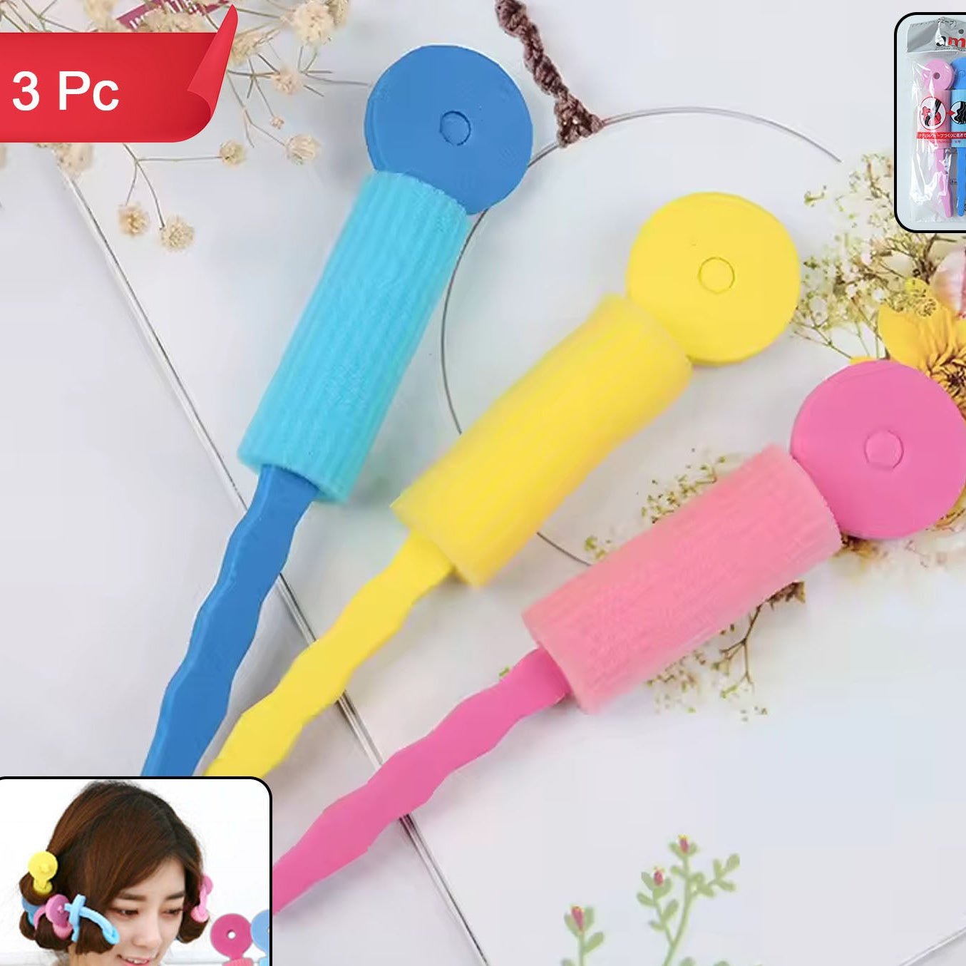 Soft Foam Hair Curlers - 3 Pc Set for Heatless Styling - Happy Price - Image 1