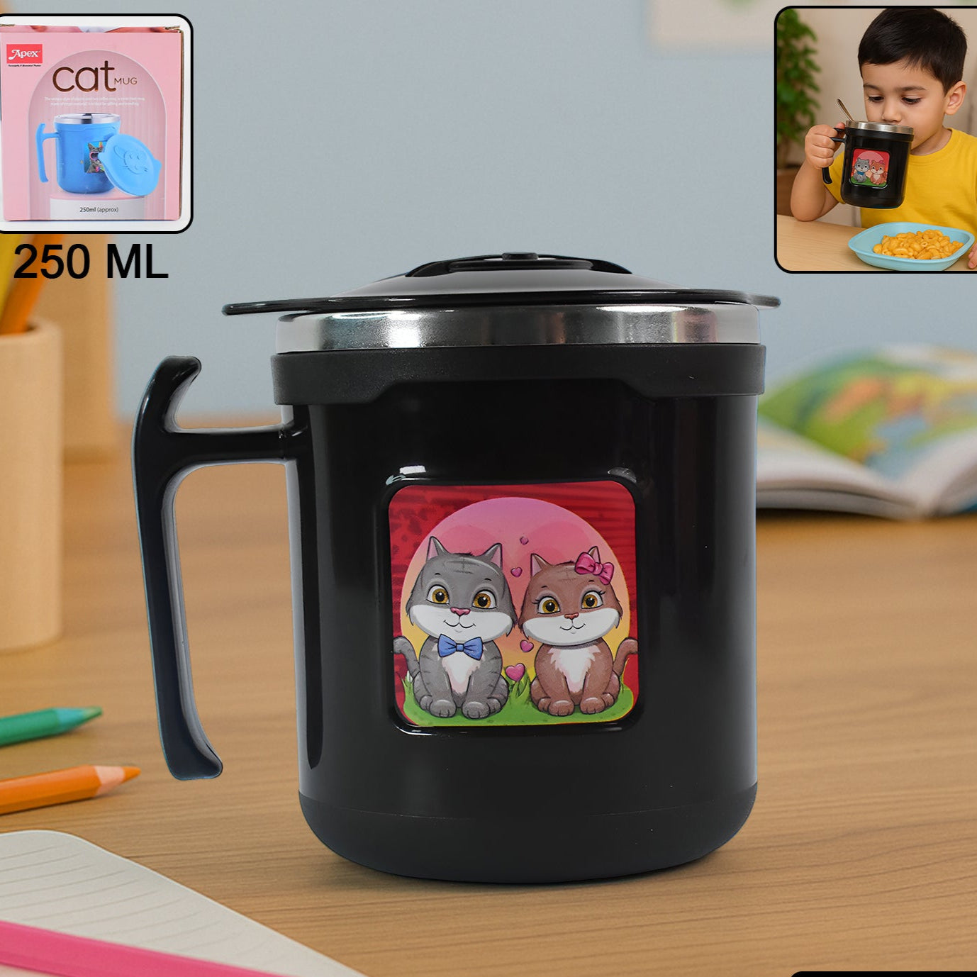 1 Pc Apex Cat Mug  250 Ml Stainless Steel Insulated Inner With Cute Cat Print - Happy Price - Image 1