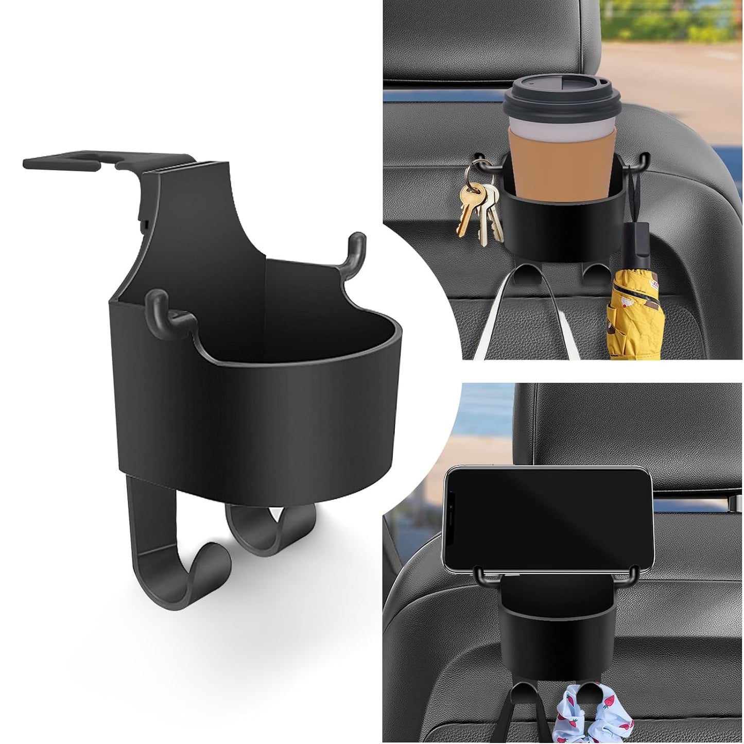 Car Headrest Backseat Organizer 3 In 1 Automotive Cell Phone Drink Cupholder Adapter With Headrest Hooks For Kids And Adults Multifunctional Storage For Car Travel Accessories - Happy Price - Image 2
