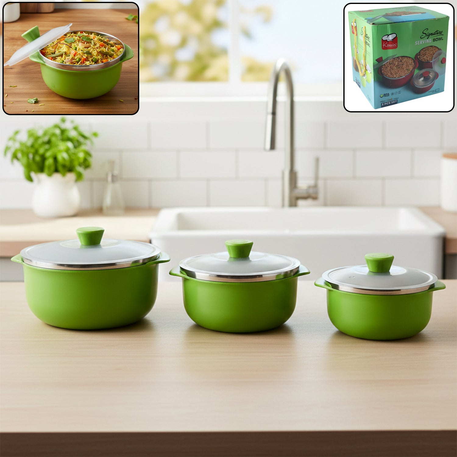 Multipurpose Kitchen Serving Bowl Set of 3 with Lids (1000ml, 1400ml, 2200ml) - Great Price - Image 1