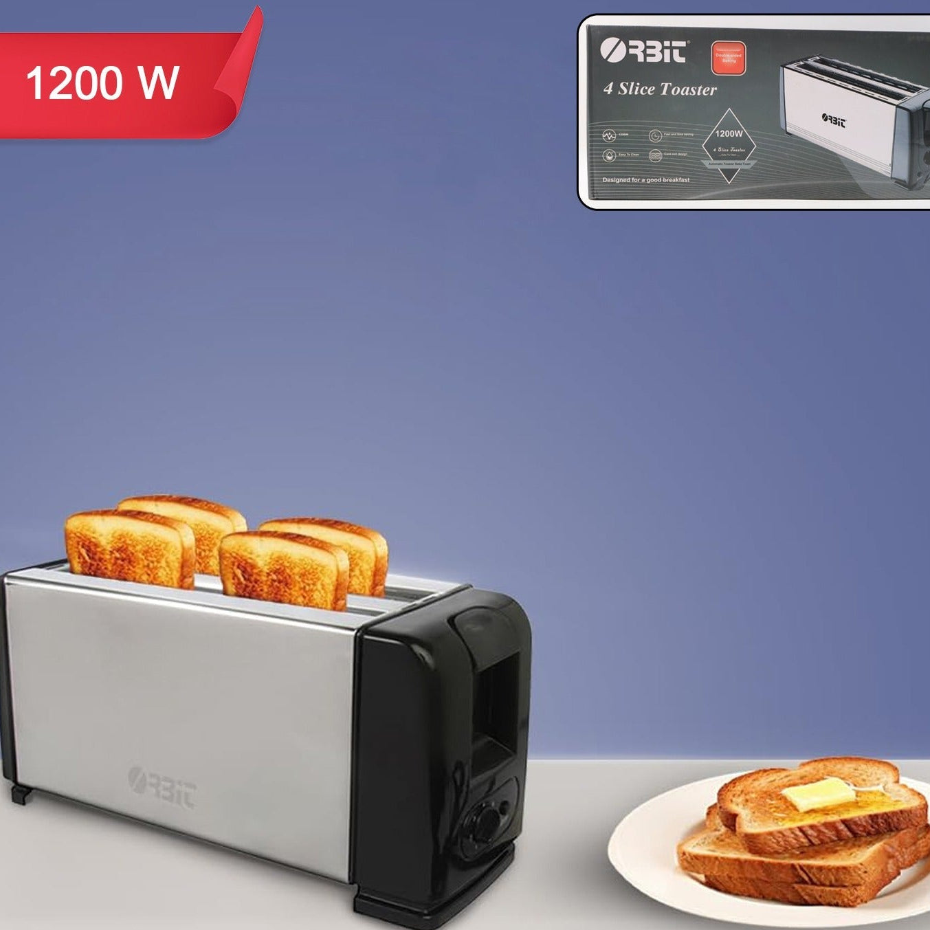 Orbit 1200W Stainless Steel Pop-Up Toaster with Adjustable Browning Control - 1 Pc - Happy Price - Image 1