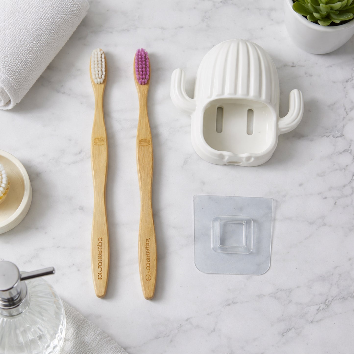 Wall Mounted Toothbrush Holder Set with 2 Bamboo Brushes - Cactus Design - Happy Price - Image 2