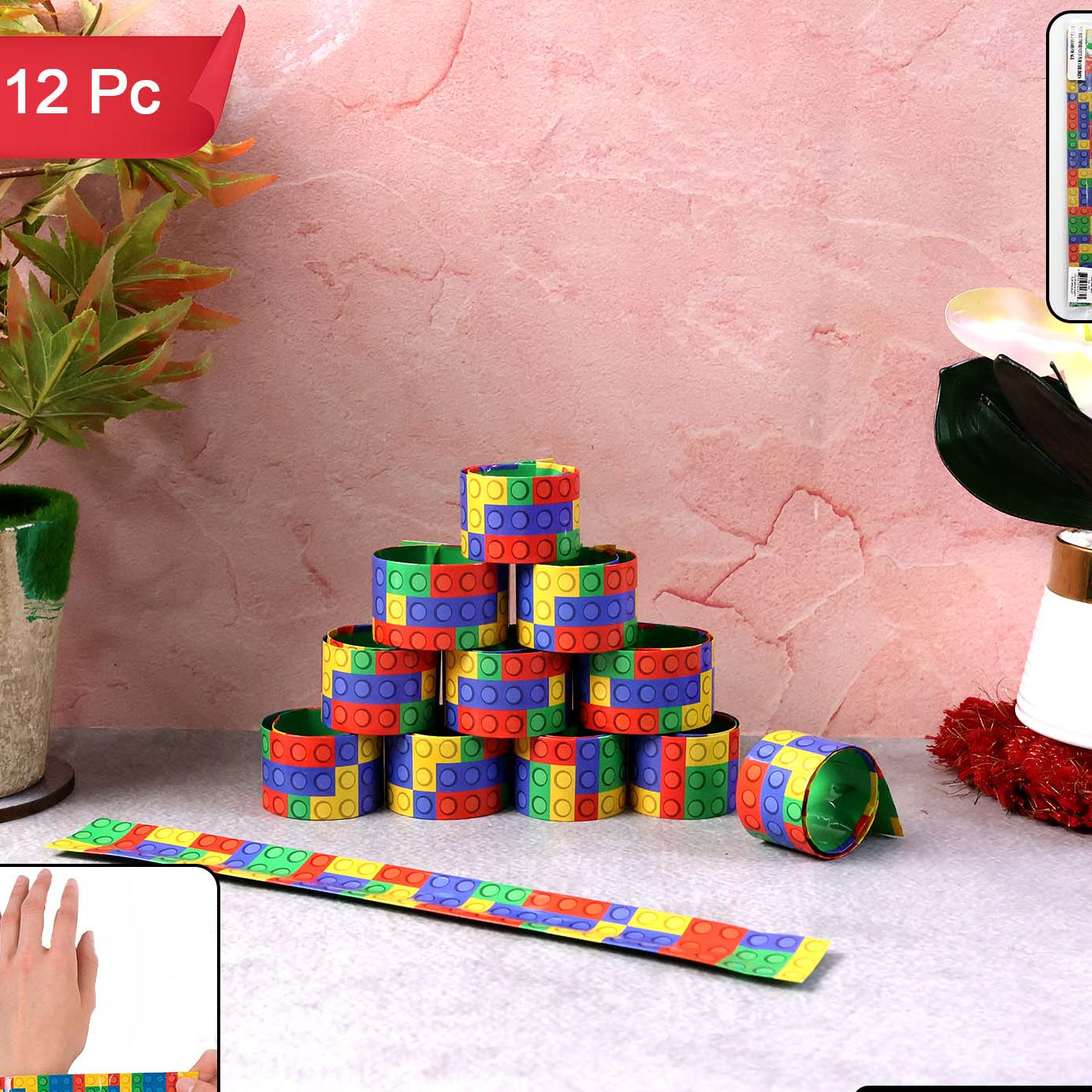 12 Pc Colorful Brick Pattern Slap Bracelets for Kids - Happy Price - Image 1