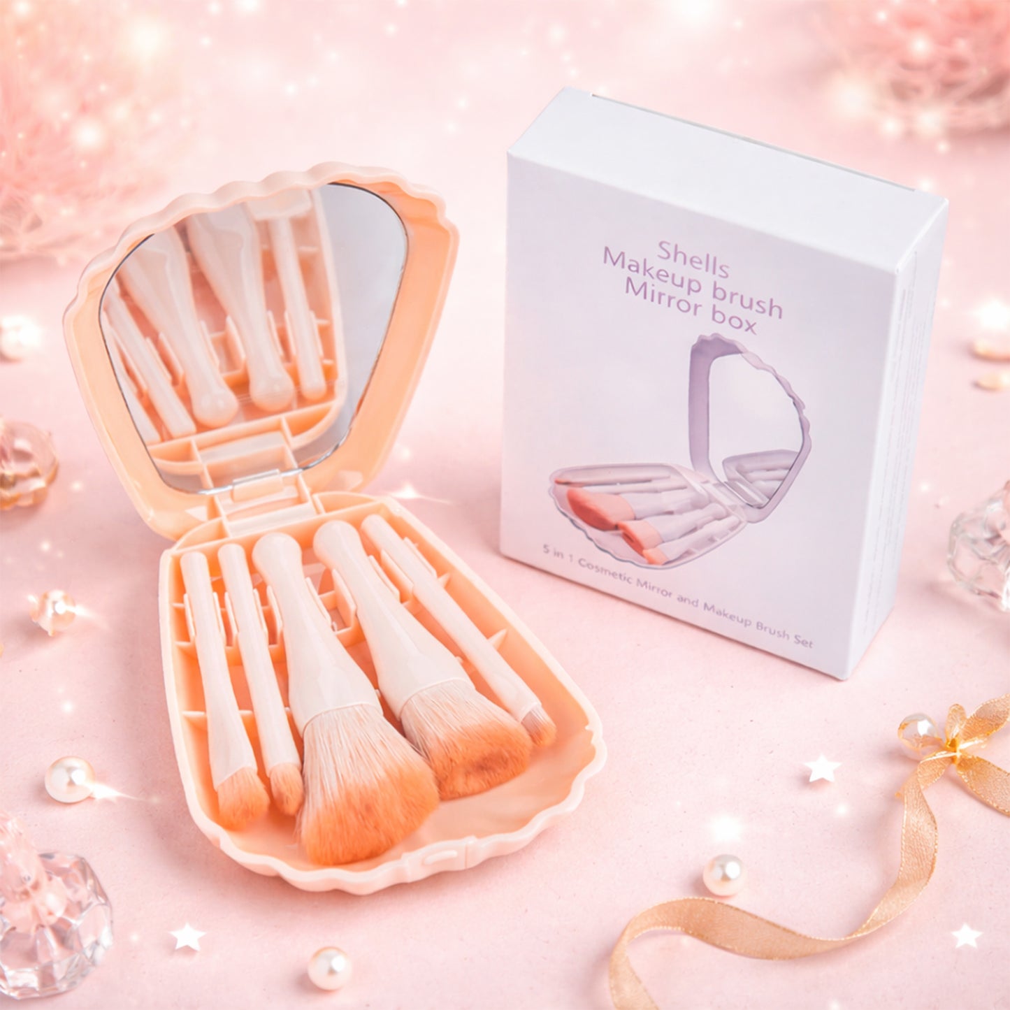 5-in-1 Makeup Brush Set with Mirror and Compact Case - Happy Price - Image 2