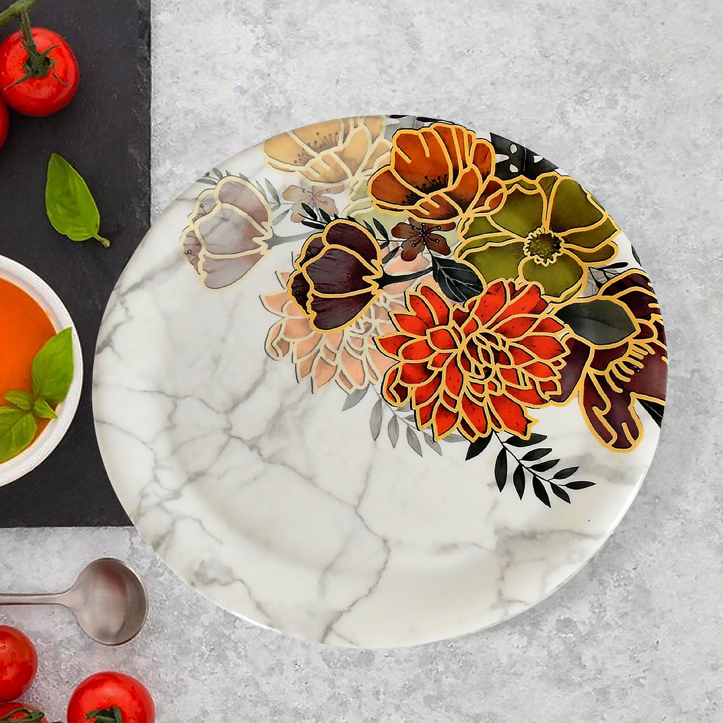 Dream High Quality Plastic Dinning Dinner Set With Unique Flower Design Printed 6 Pc Plates 6 Pc Bowls And 6 Pc Serving Spoon Lightweight Round Plates And Bowls Microwave And Dishwasher Safe (18 Pcs Set) - Happy Price - Image 3
