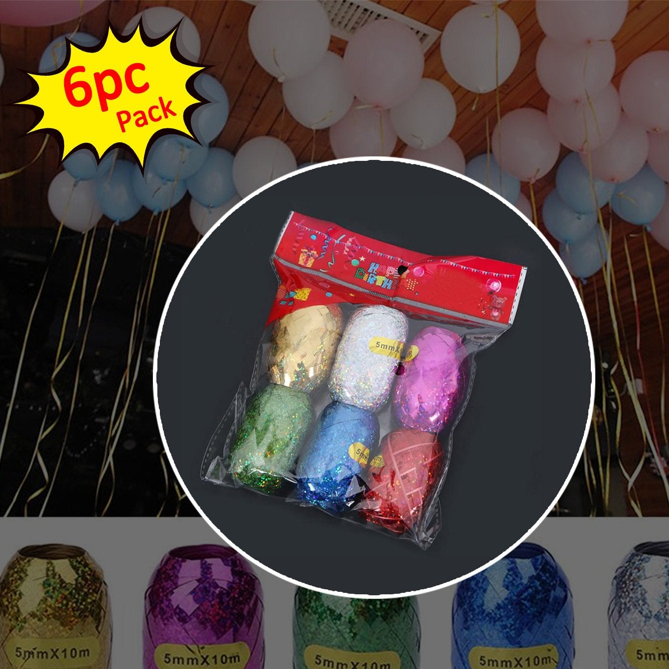 Multicolor Curling Ribbon Rolls for Gift Wrapping & Balloon Decor - 6 Pcs - Happy Price - Image 1