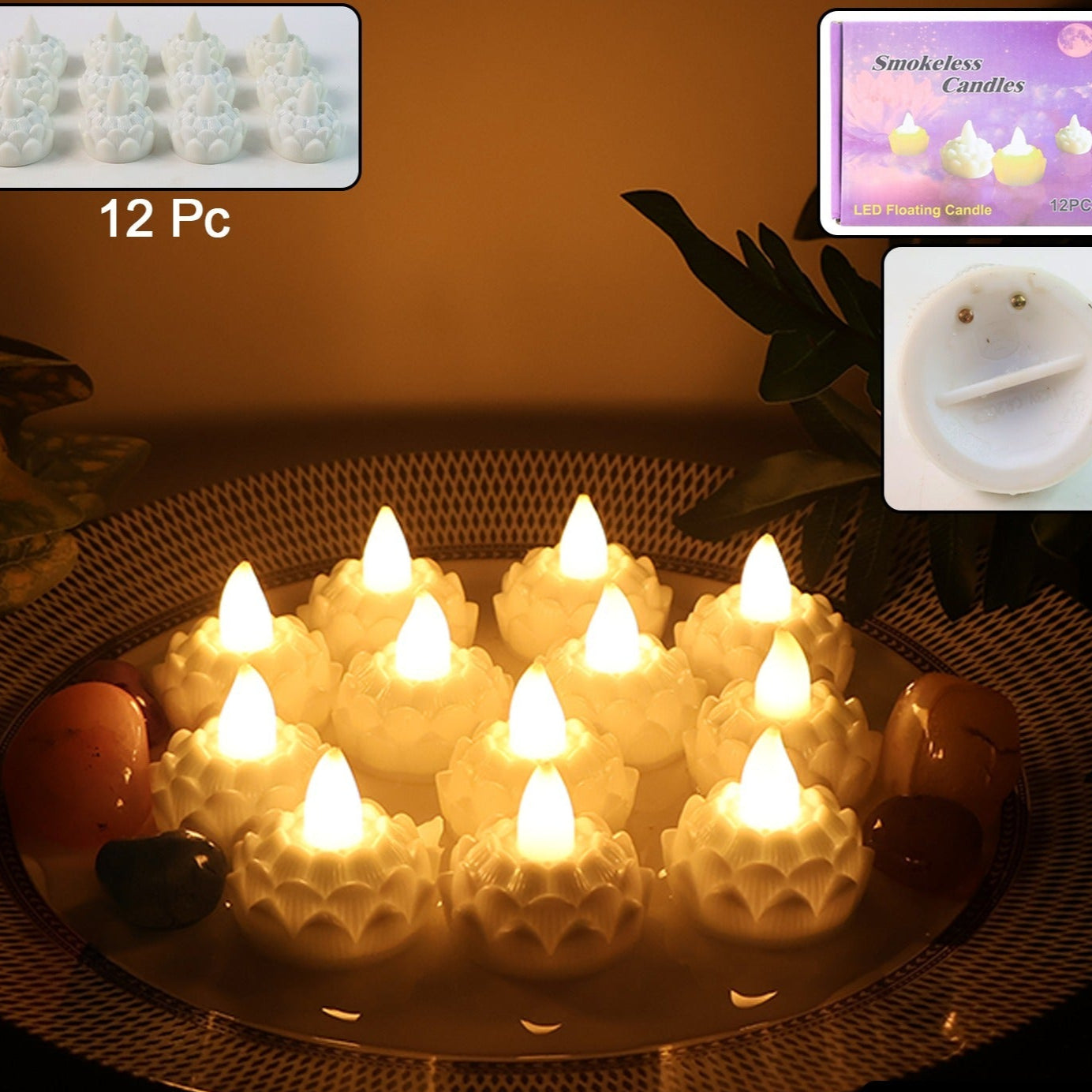 12 Pcs LED Floating Lotus Candles with Water Sensor - Flameless Decorative Lights - Happy Price - Image 1