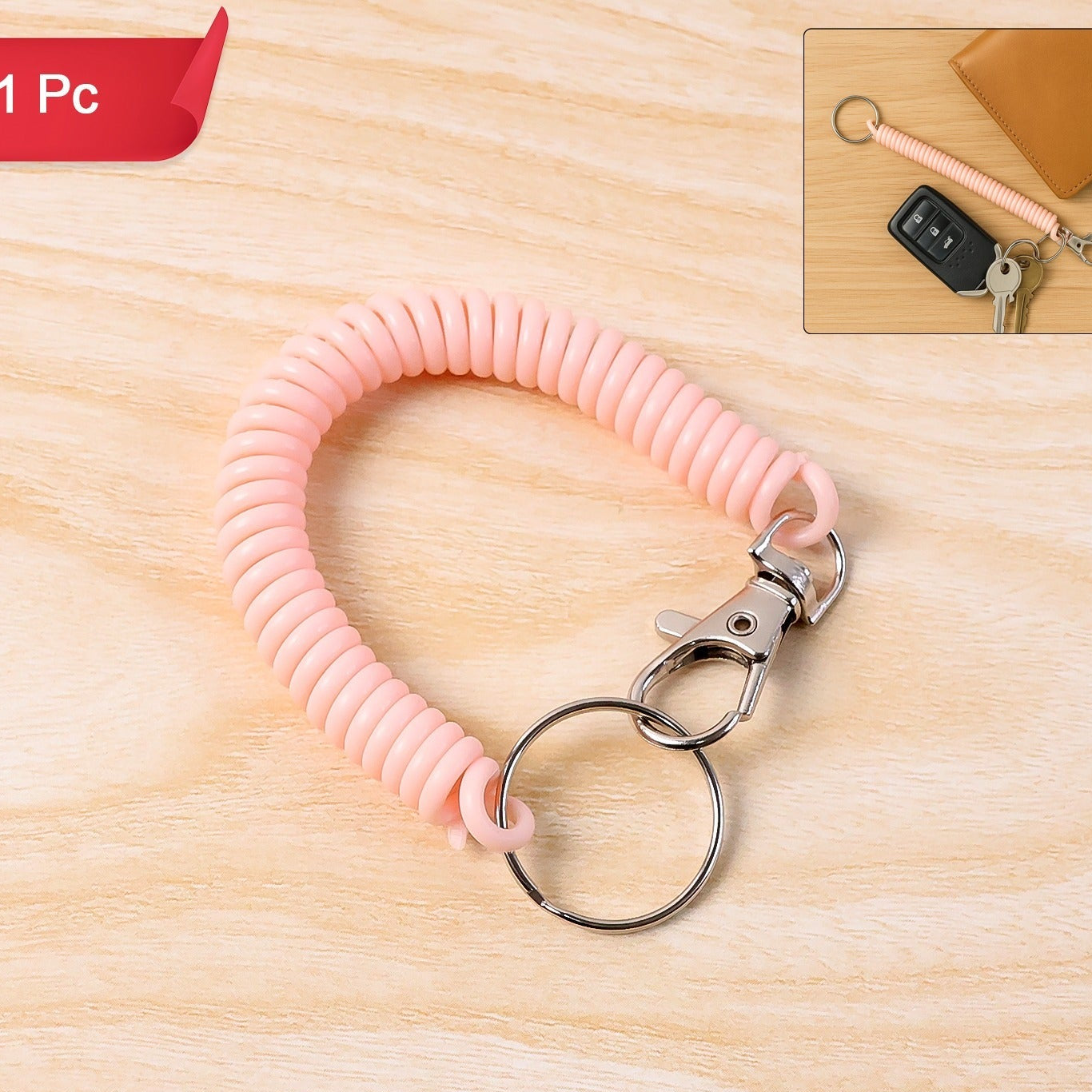 Elastic Coil Keychain Bracelet with Metal Ring & Clip - 1 Pc - Happy Price - Image 1