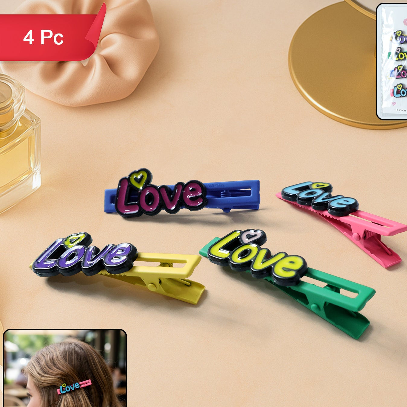 Decorative Text Design Hair Clips - Set of 4 Pieces - Happy Price - Image 1