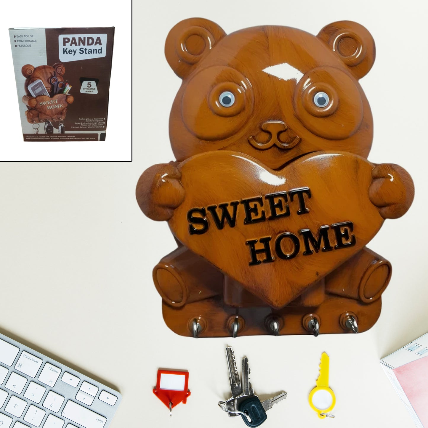 Cute Plastic Panda Key Holder Wall Key Rack With 5 Hooks (1 Pc) - Happy Price - Image 2