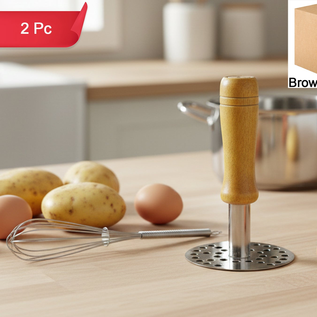 Stainless Steel Whisk and Pav Bhaji Masher Set - 2 Pc Kitchen Tool Combo - Happy Price - Image 1
