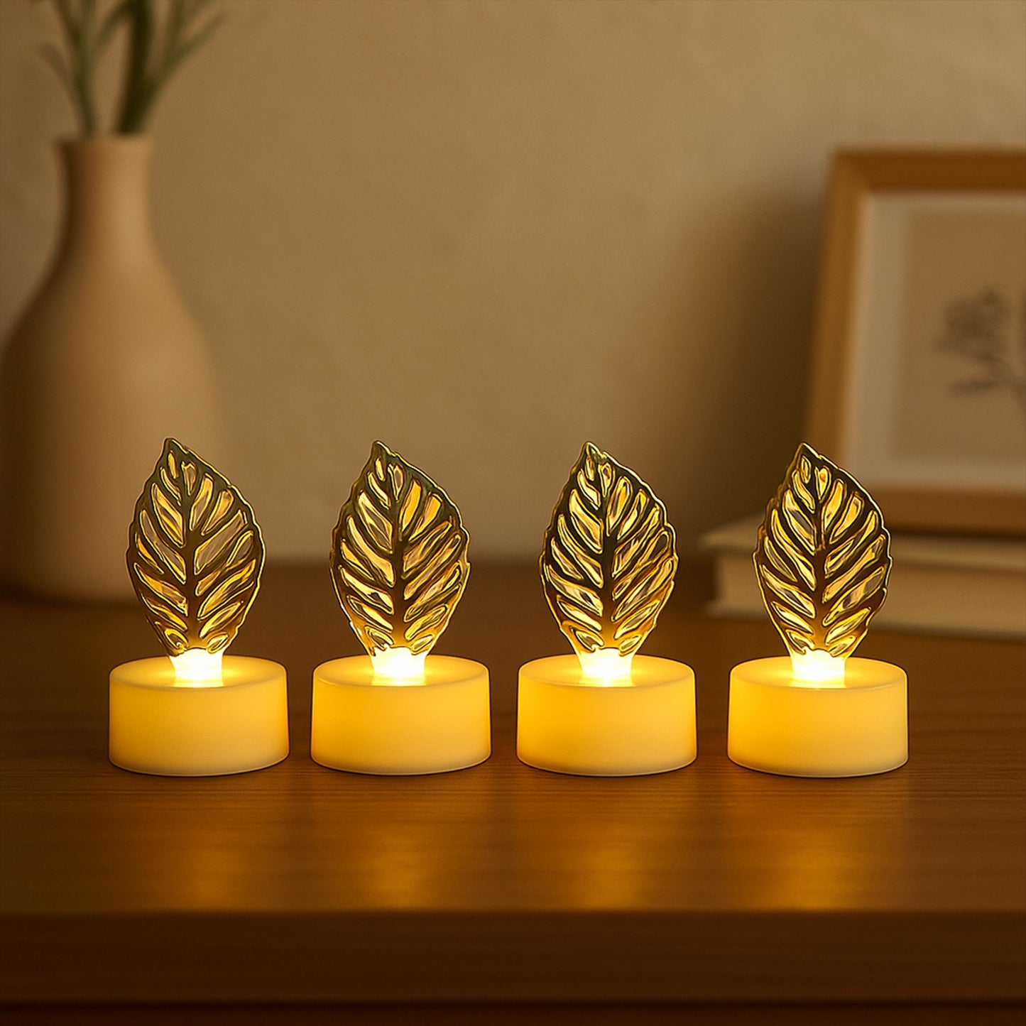 Set of 4 Golden Leaf Flameless LED Candles for Home Decor - Happy Price - Image 3