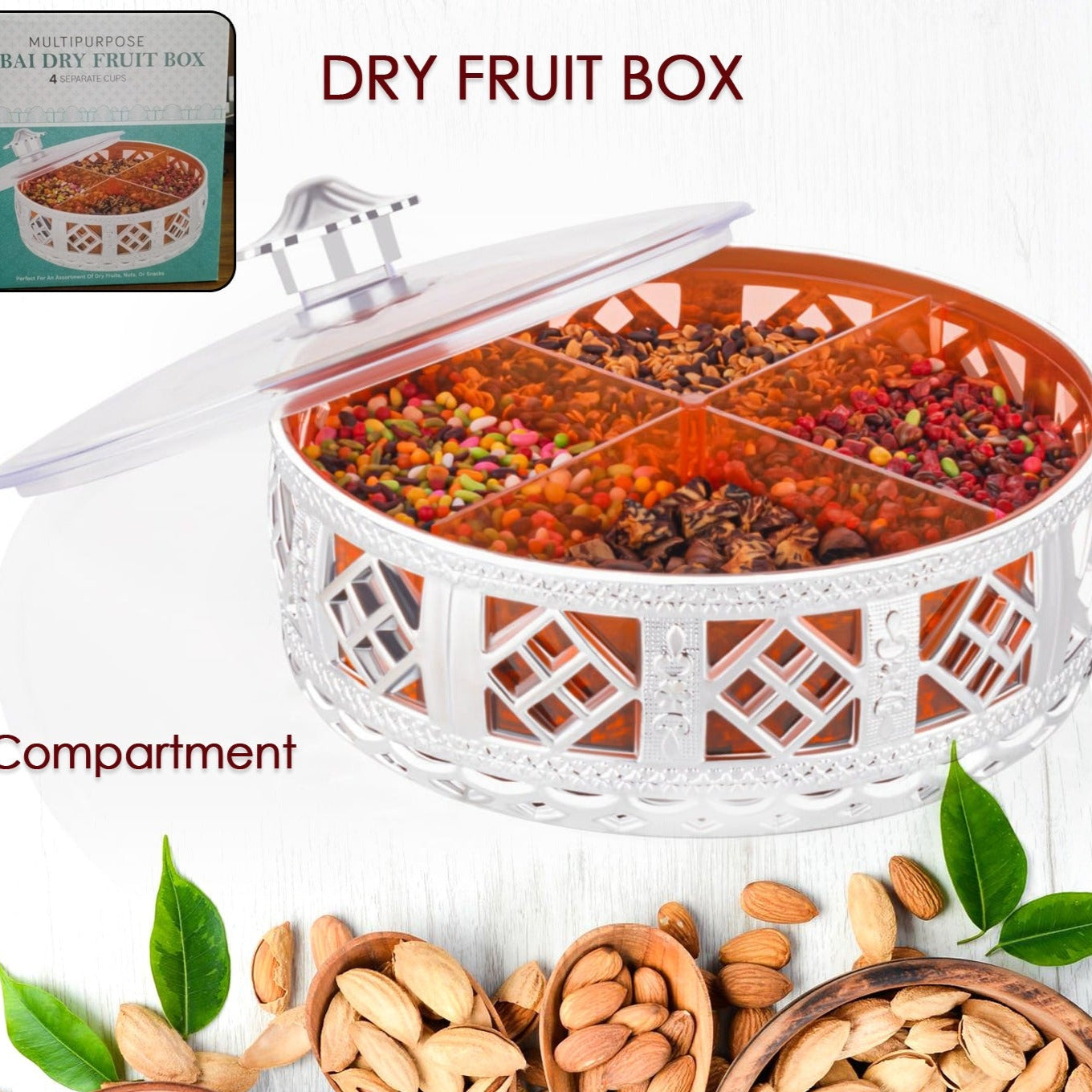 Multipurpose Dry Fruit Box 4 Section Dry Fruit Round Silver Gift Box (1 Pc) - Happy Price - Image 1