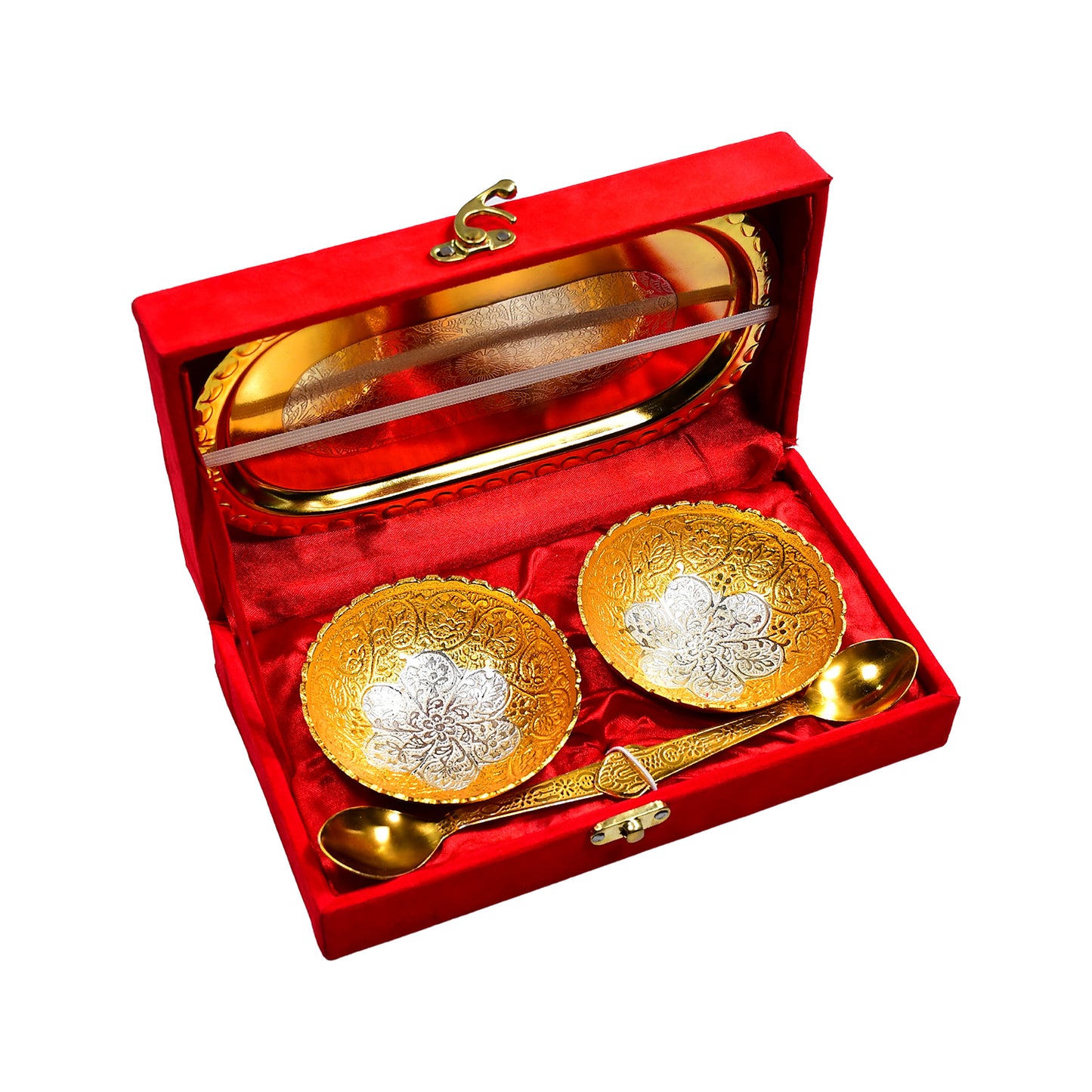 Gold Silver Plated 2 Bowl 2 Spoon Tray Set Brass With Red Velvet Gift Box Serving Dry Fruits Desserts Gift - Happy Price - Image 7