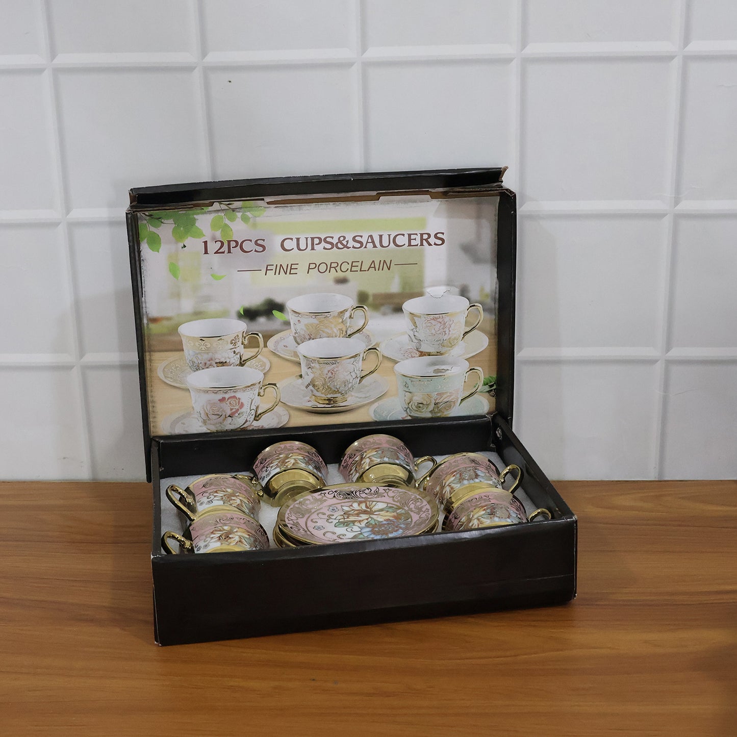 Elegant Floral Porcelain Tea Cup and Saucer Set - 12 Piece - Happy Price - Image 3