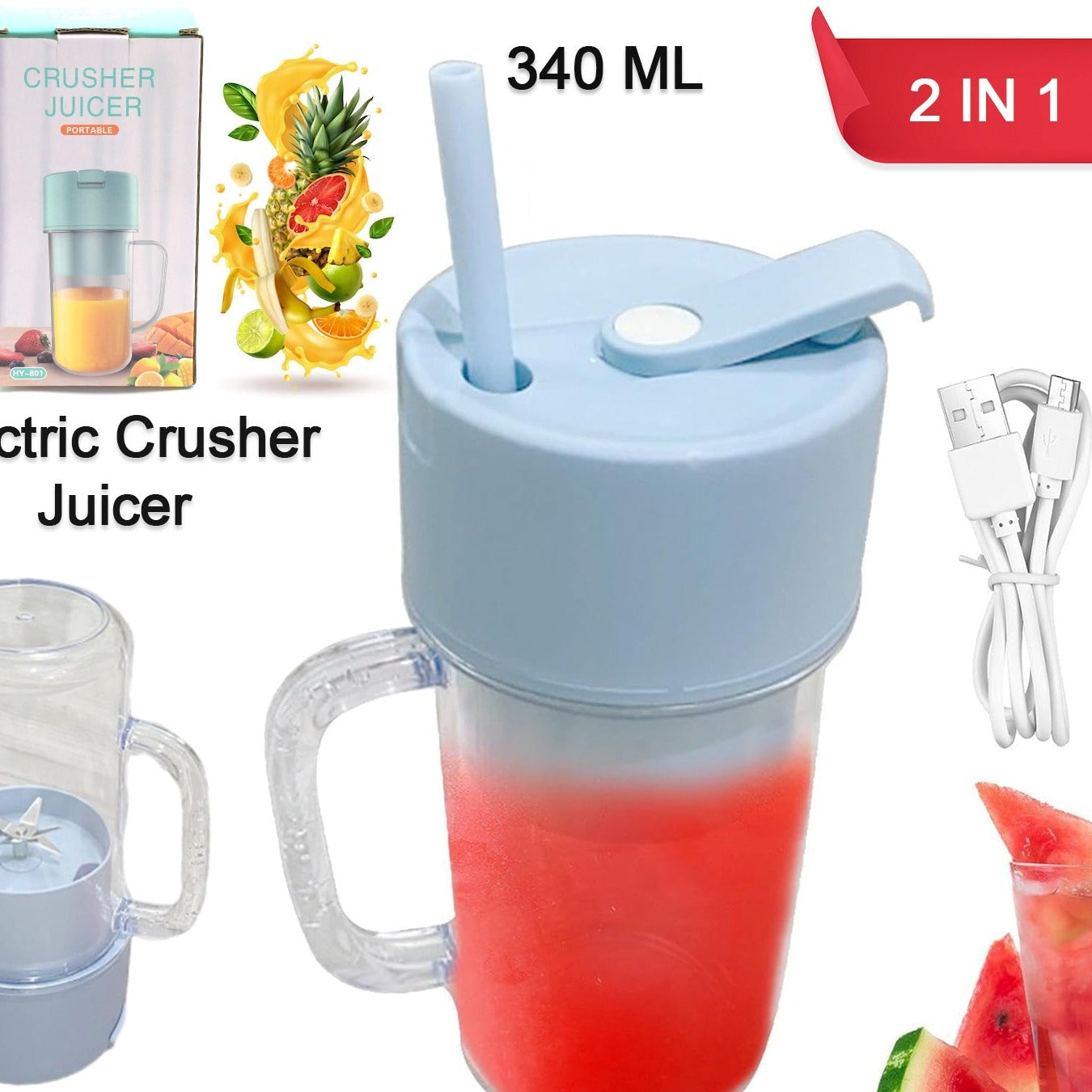Portable USB Rechargeable Juicer Blender (340ml) with 6 Blades and Handle - Happy Price - Image 1