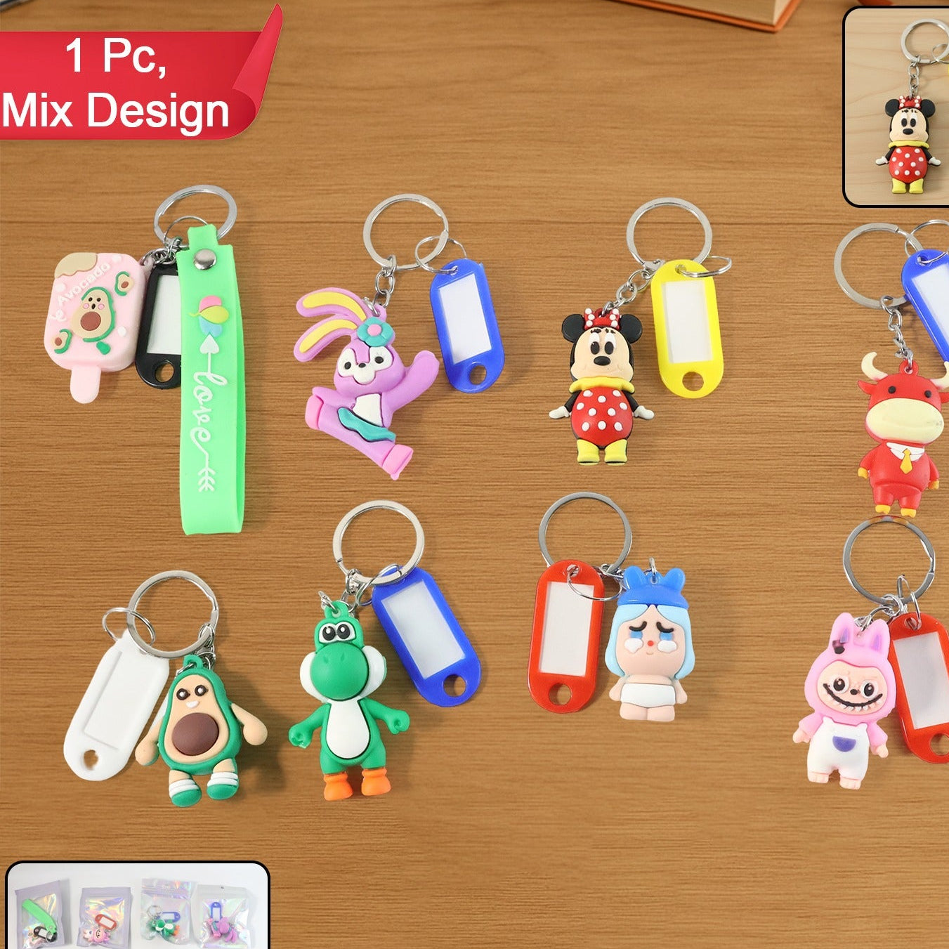 Cute Cartoon Character Keychain with Name Tag - 1 Pc Assorted Design - Happy Price - Image 1