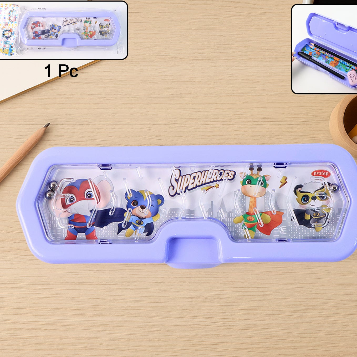 Cartoon Character Printed Plastic Pencil Box With Built-in Maze Puzzle Game (1 Pc) - Happy Price - Image 1
