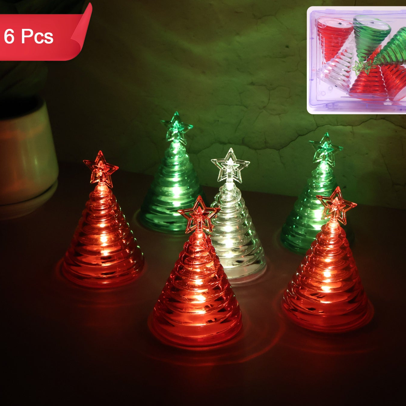 Set of 6 LED Mini Christmas Tree Lights - Battery Operated Cone Lamps - Happy Price - Image 1