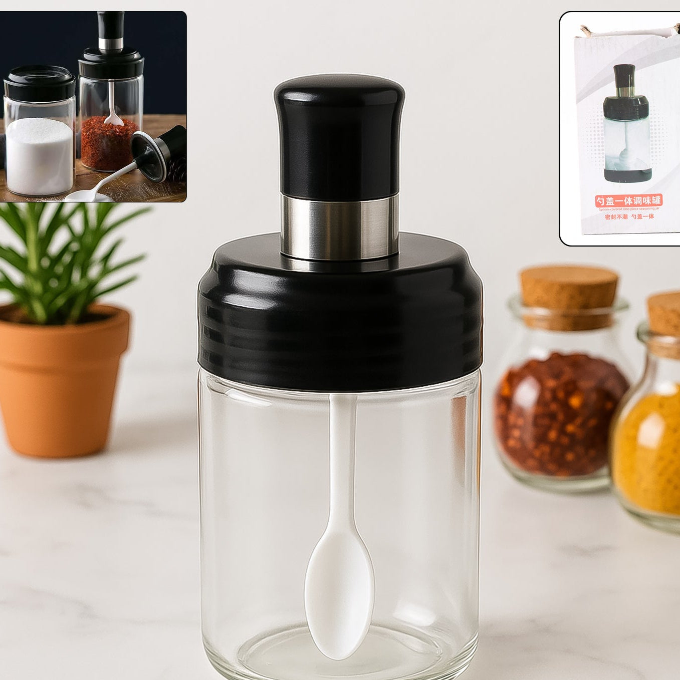 Clear Glass Spice Jar With Integrated Spoon  Airtight Lid (250ml Approx) - Happy Price - Image 1