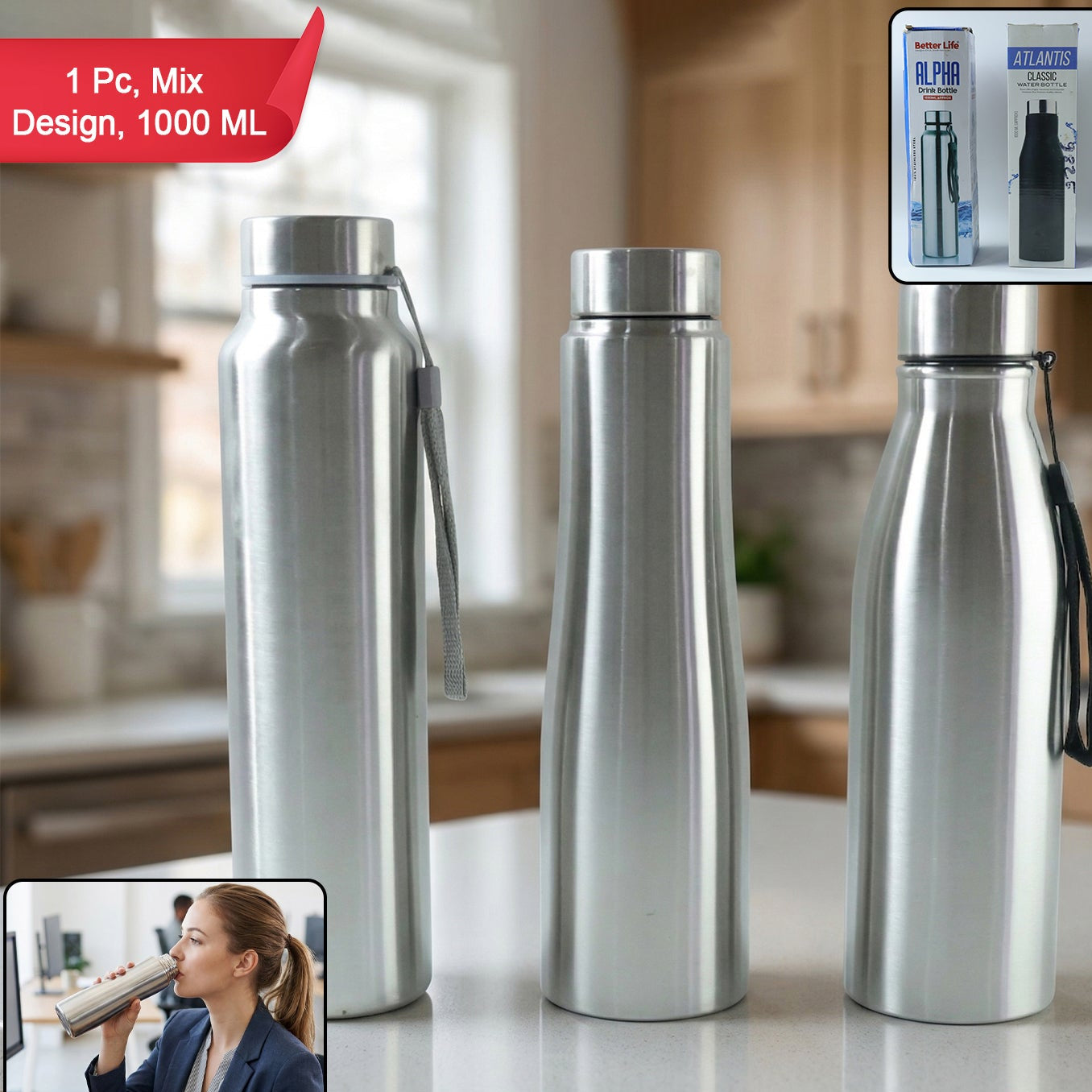 1000 ML Stainless Steel Water Bottle - 1 Pc Durable & Leak-Proof - Great Price - Image 1