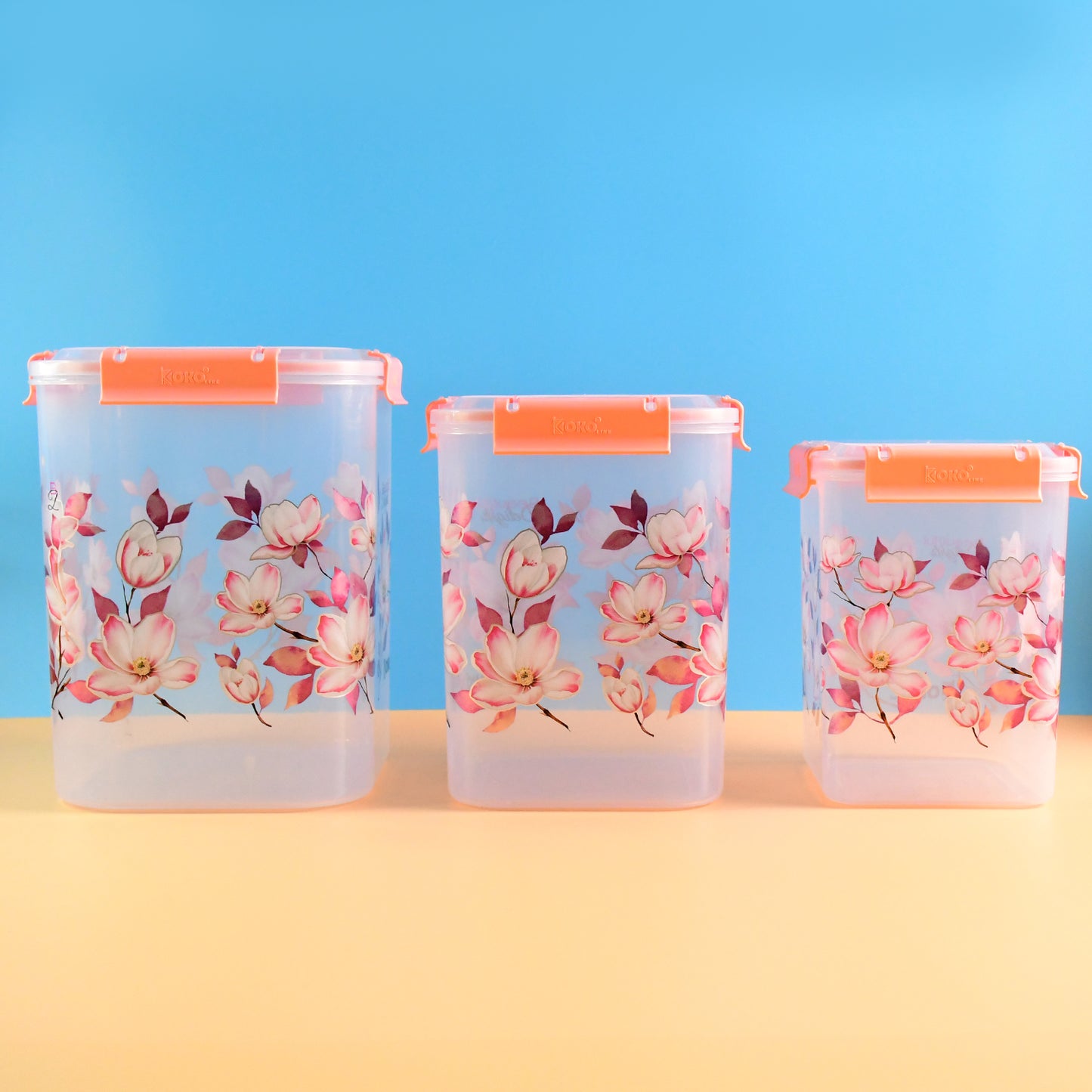 Square 3 Pcs Floral Printed Airtight Storage Container Set  Approx 2.8 Ltr 4.5 Ltr 6.9 Ltr (3 Pcs Set) - Happy Price - Image 2