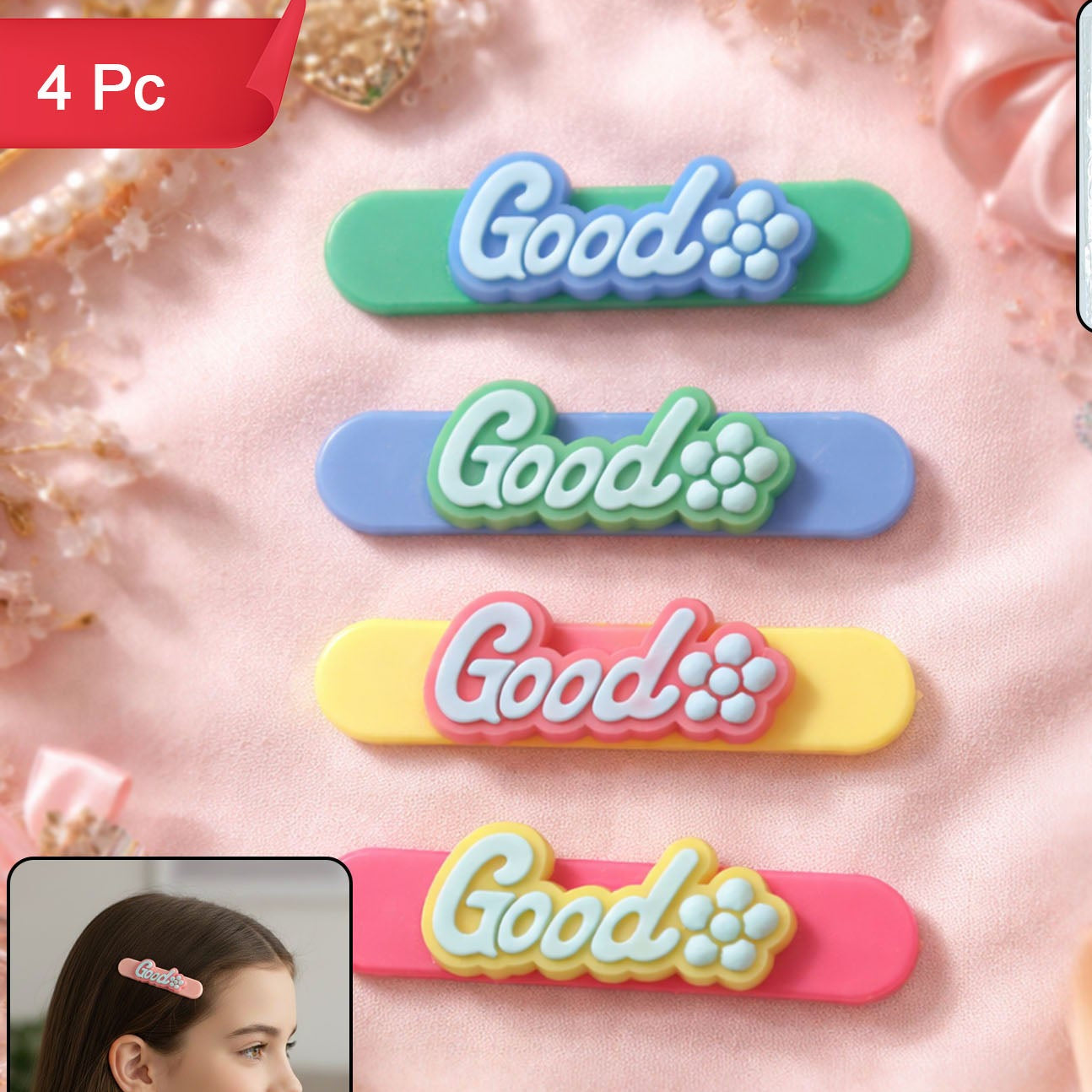 Colorful "Good" Design Hair Clips (4 Pc) - Happy Price - Image 1