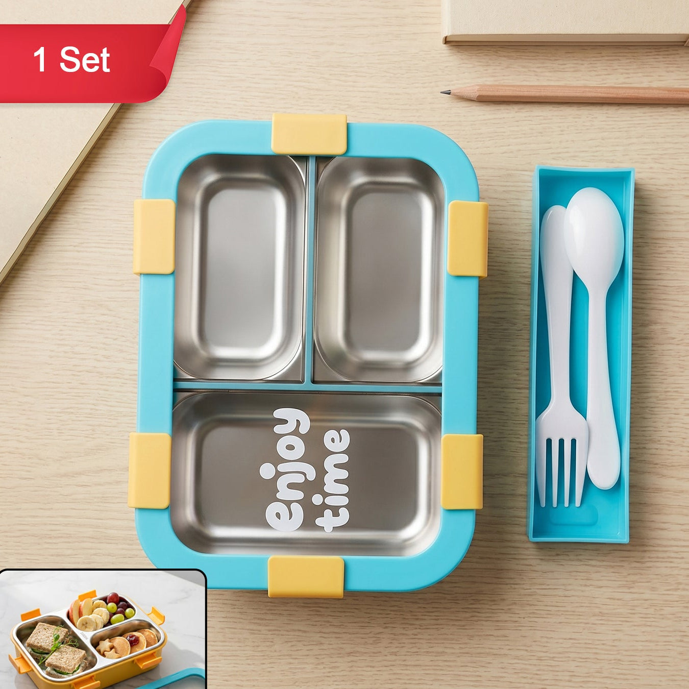 Airtight 3 Compartment Stainless Steel Lunch Box With Spoon  Fork  600ml
