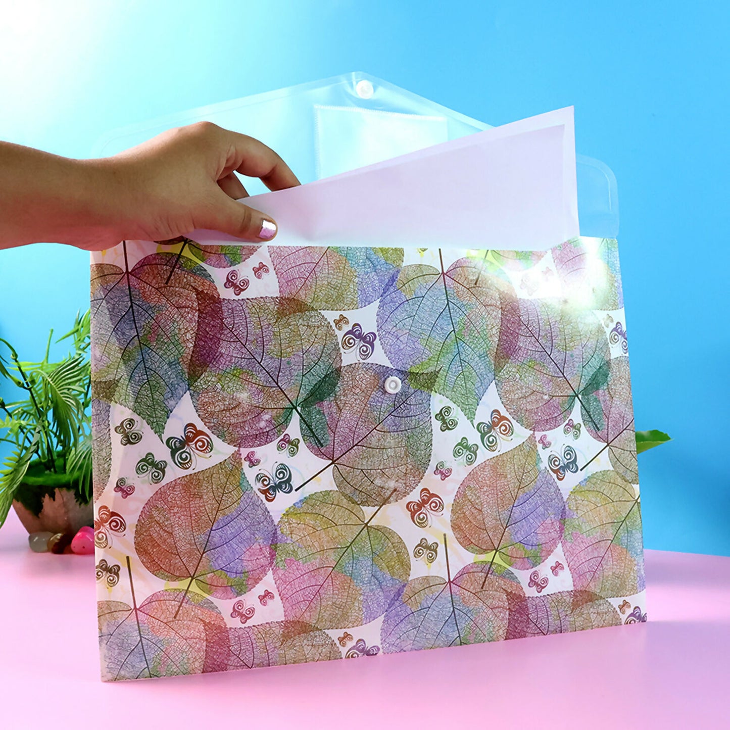 A4 Leaf Print Document Folder with Button Closure and Label Slot (1 Pc) - Happy Price - Image 3