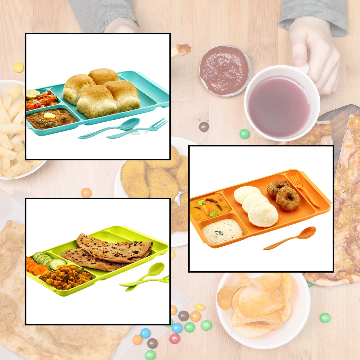 4compartment Dish With Spoon And Fork(1 Dish Set With 1spoon And 1fork) Dinner Plate Plastic Compartment Plate Pav Bhaji Plate 4-compartments Divided Plastic Food Plate. - Happy Price - Image 2