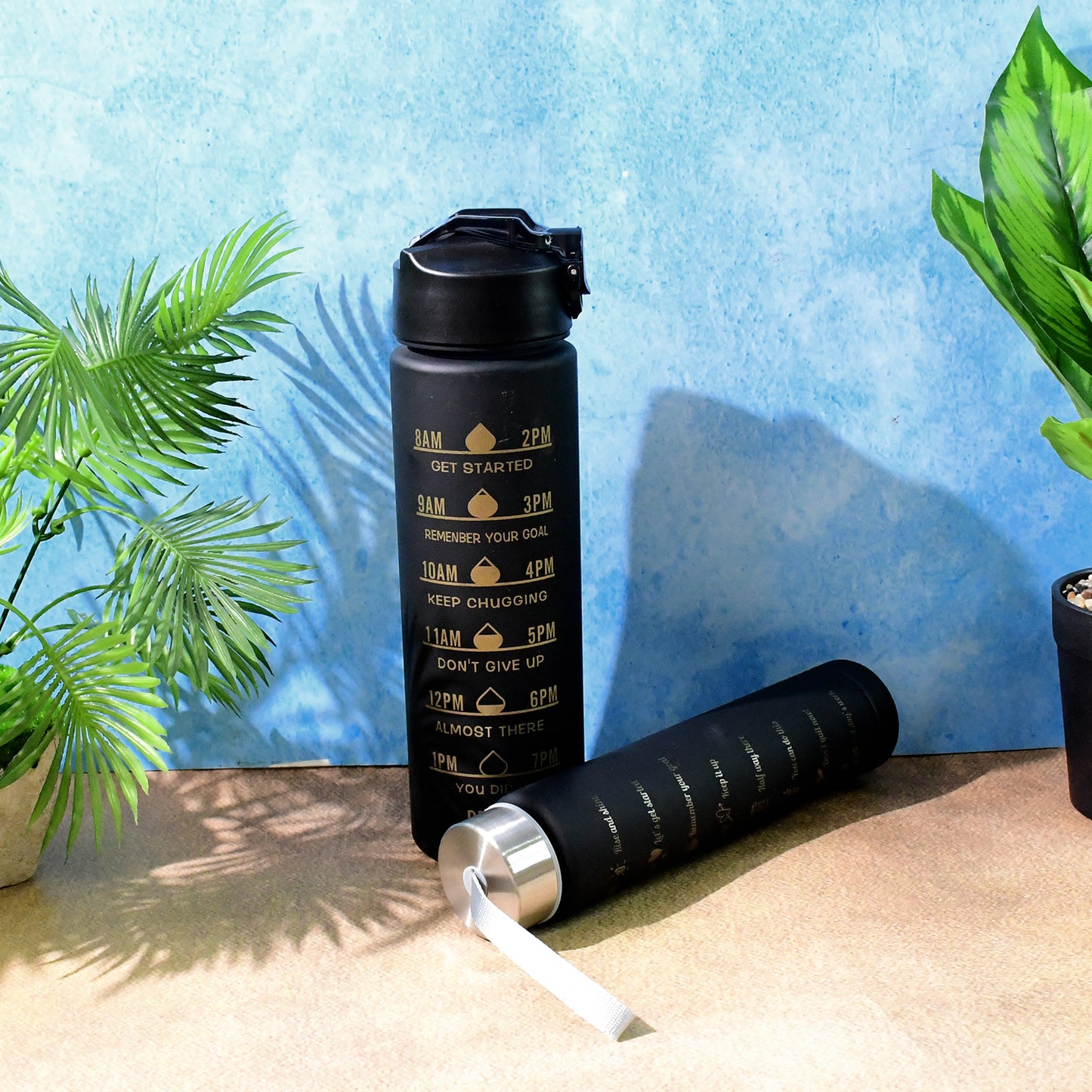 2 Pc Motivational Water Bottle Set - 900 ML & 300 ML Black Sipper Bottles - Happy Price - Image 4