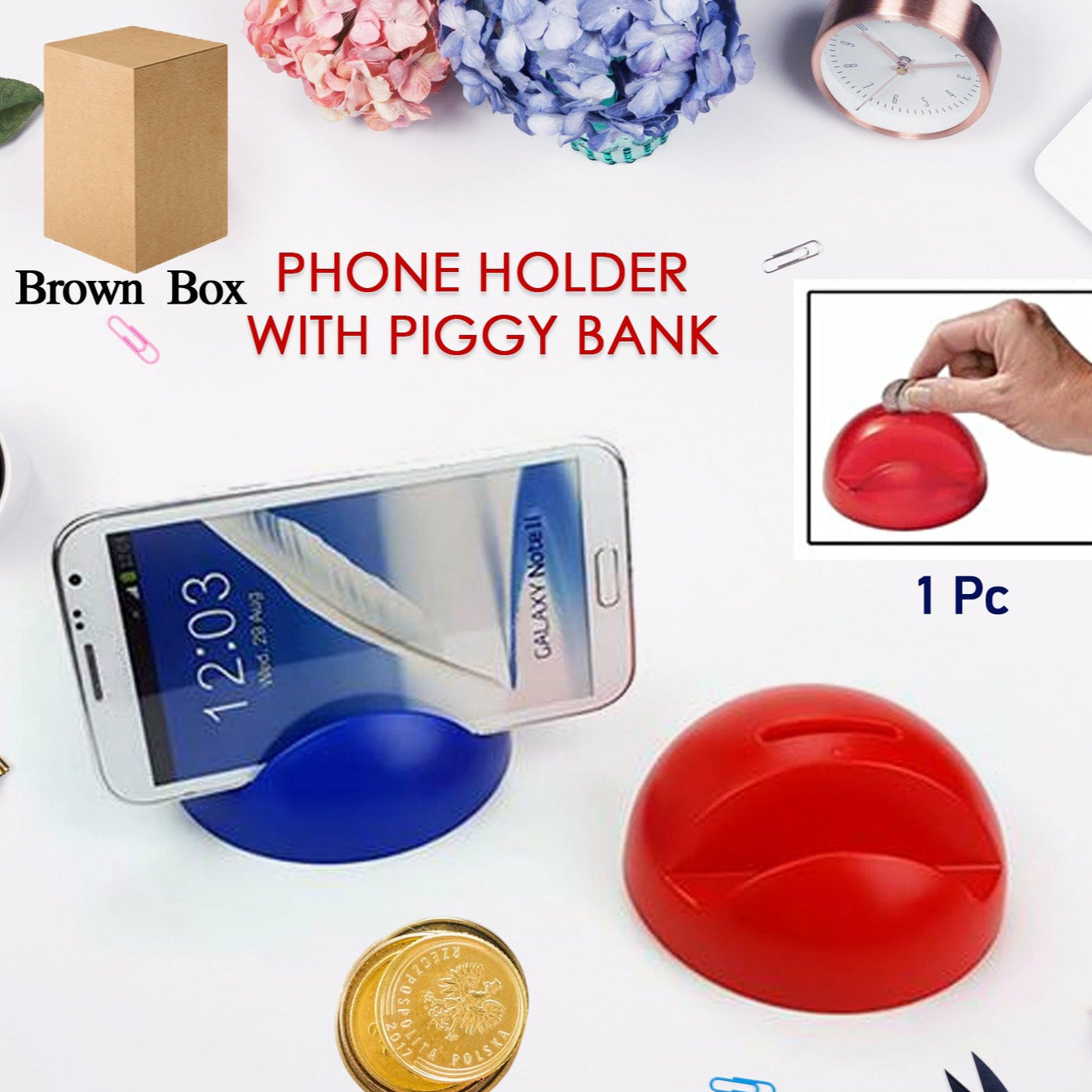 2in1 Abs Plastic Phone Holder Phone Stand With Coin Bank (1 Pc) - Happy Price - Image 1