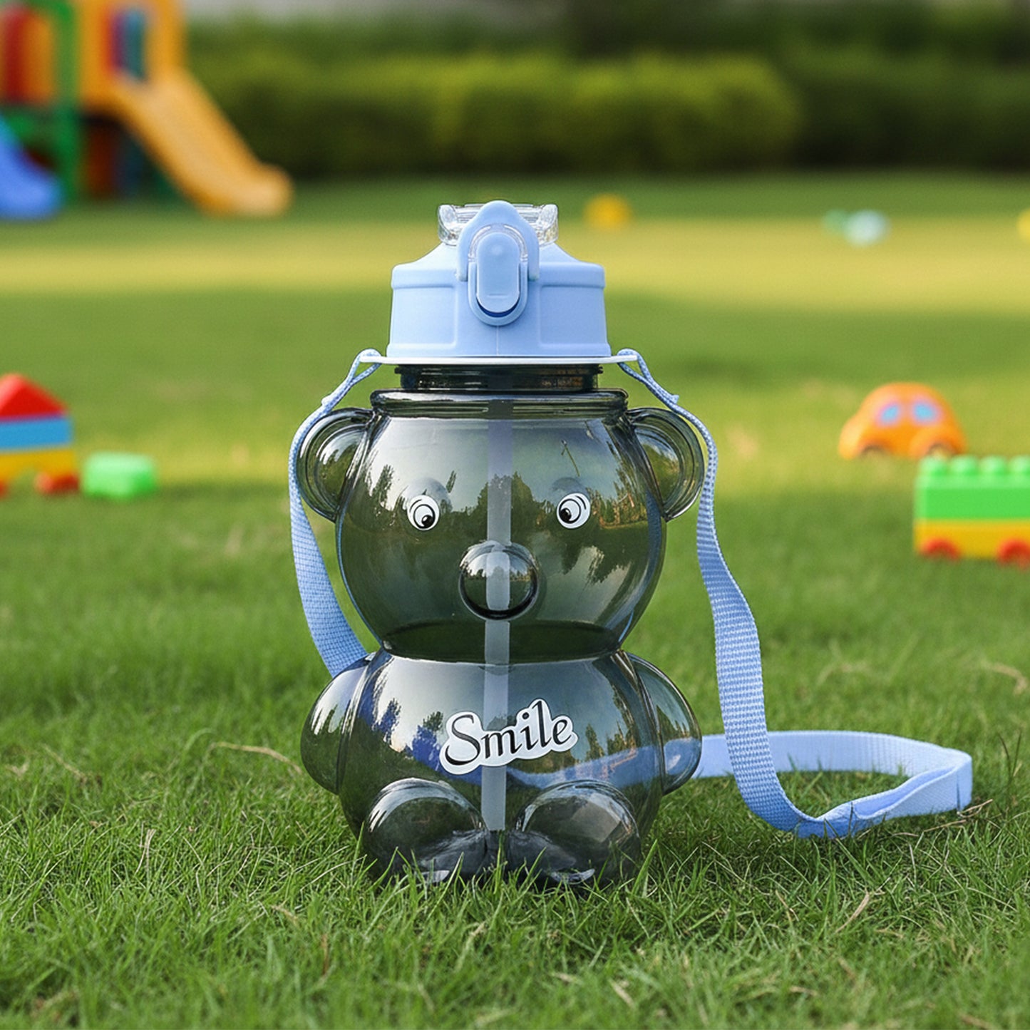 Kids Cartoon Bear Water Bottle With Straw  Shoulder Strap (1 Pc)