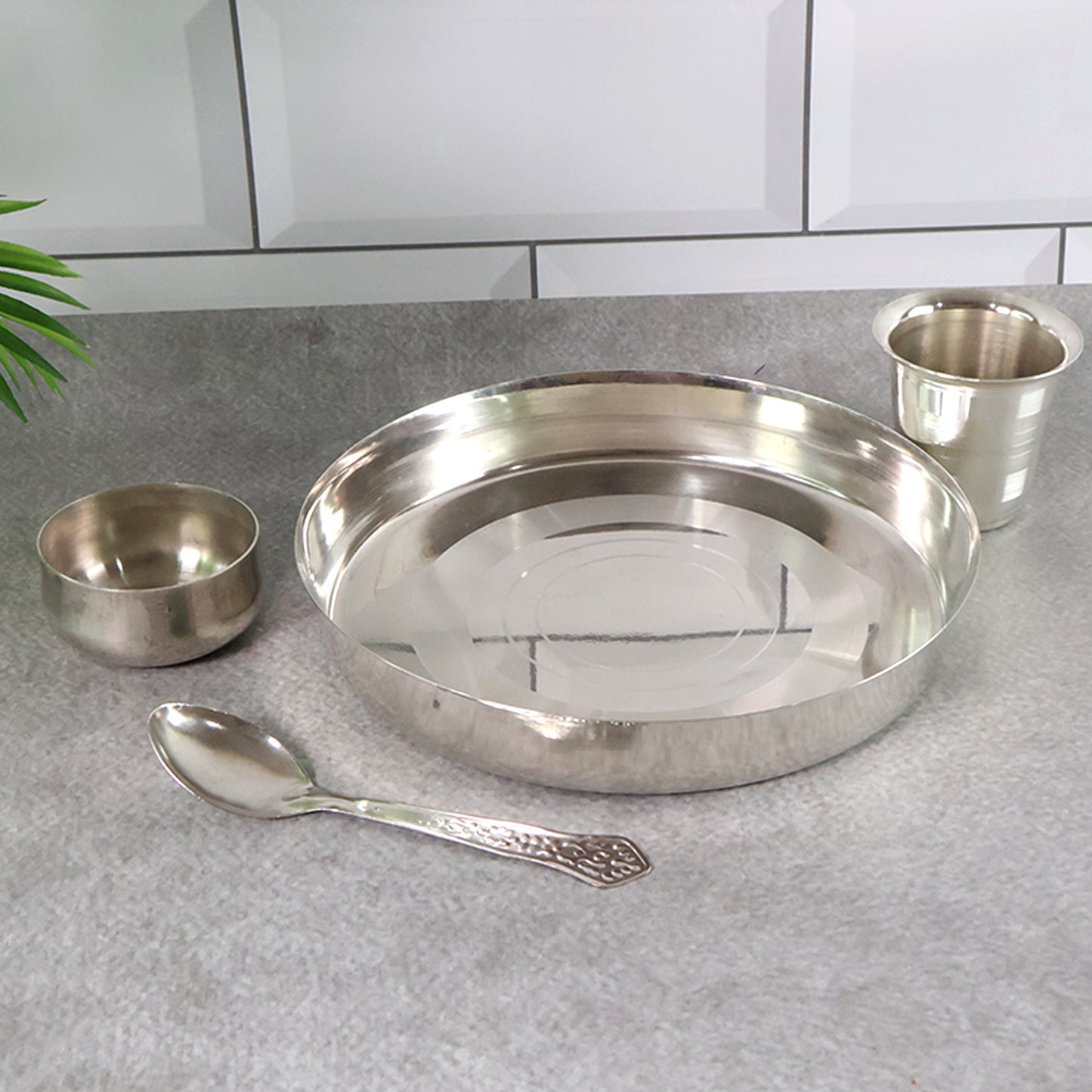 Stainless Steel Pooja Thali Set with Katori, Glass & Spoon - 4 Pcs - Happy Price - Image 3