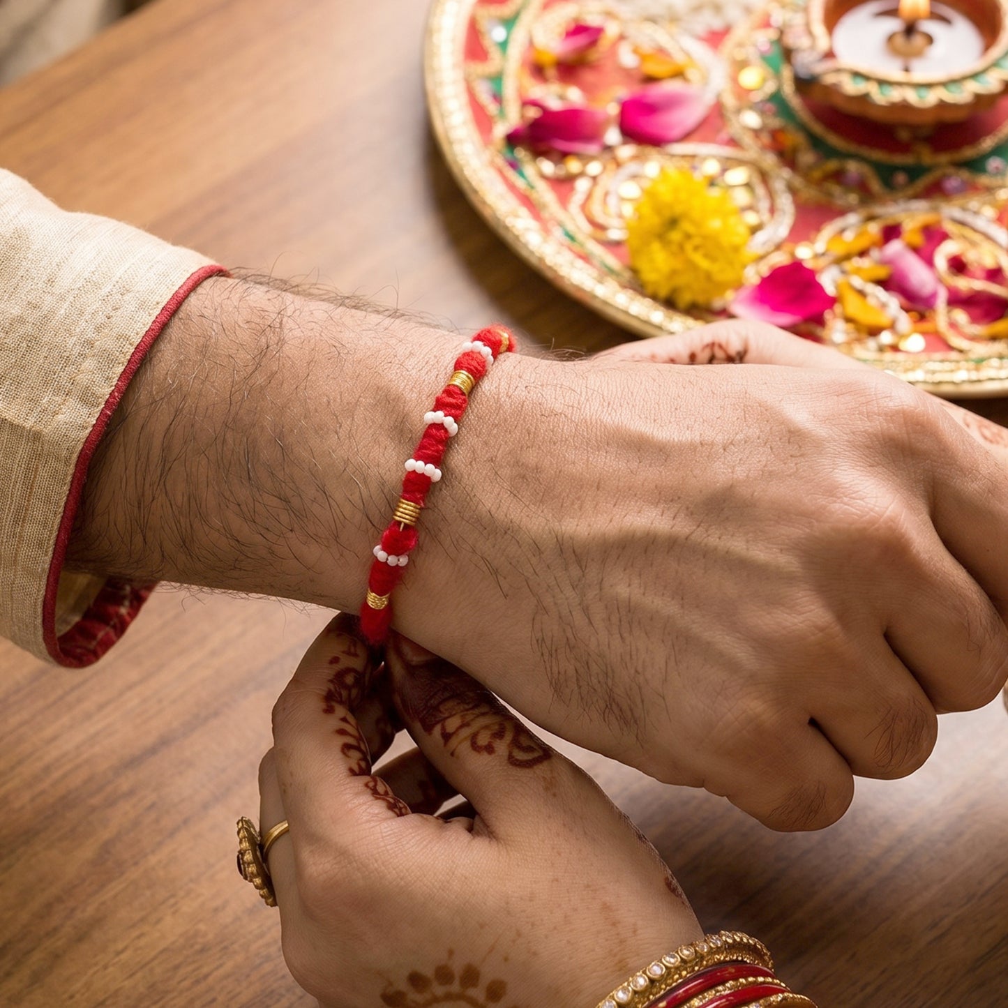 Handmade Rakhi Bracelet with White Beads and Golden Accents (1 Pc) - Happy Price - Image 6