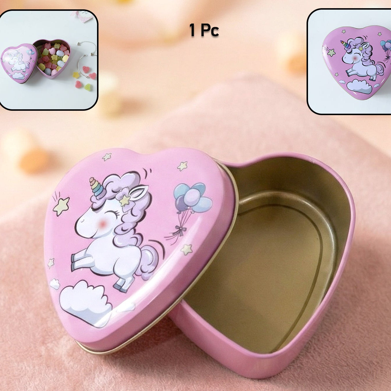 Heart Shaped Unicorn Print Storage Box - 1 Pc Decorative Metal Tin for Gifts & Small Items - Happy Price - Image 1
