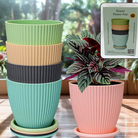 Plastic Flower Pot With Bottom Tray (5 Pcs Set) - Happy Price - Image 1
