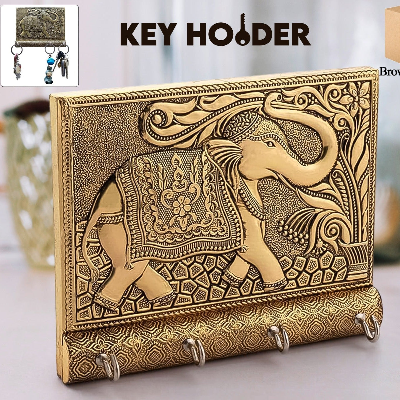 Wooden Key Holder For Home Decor Stylish Metal Gold Antique Elephant Design (1 Pc) - Happy Price - Image 1
