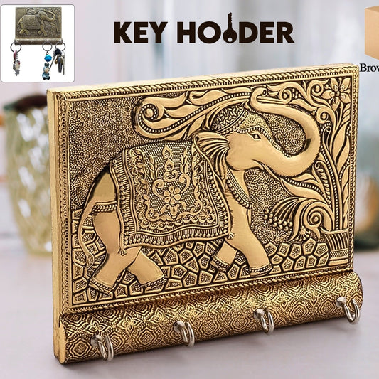 Wooden Key Holder For Home Decor Stylish Metal Gold Antique Elephant Design (1 Pc) - Happy Price - Image 1