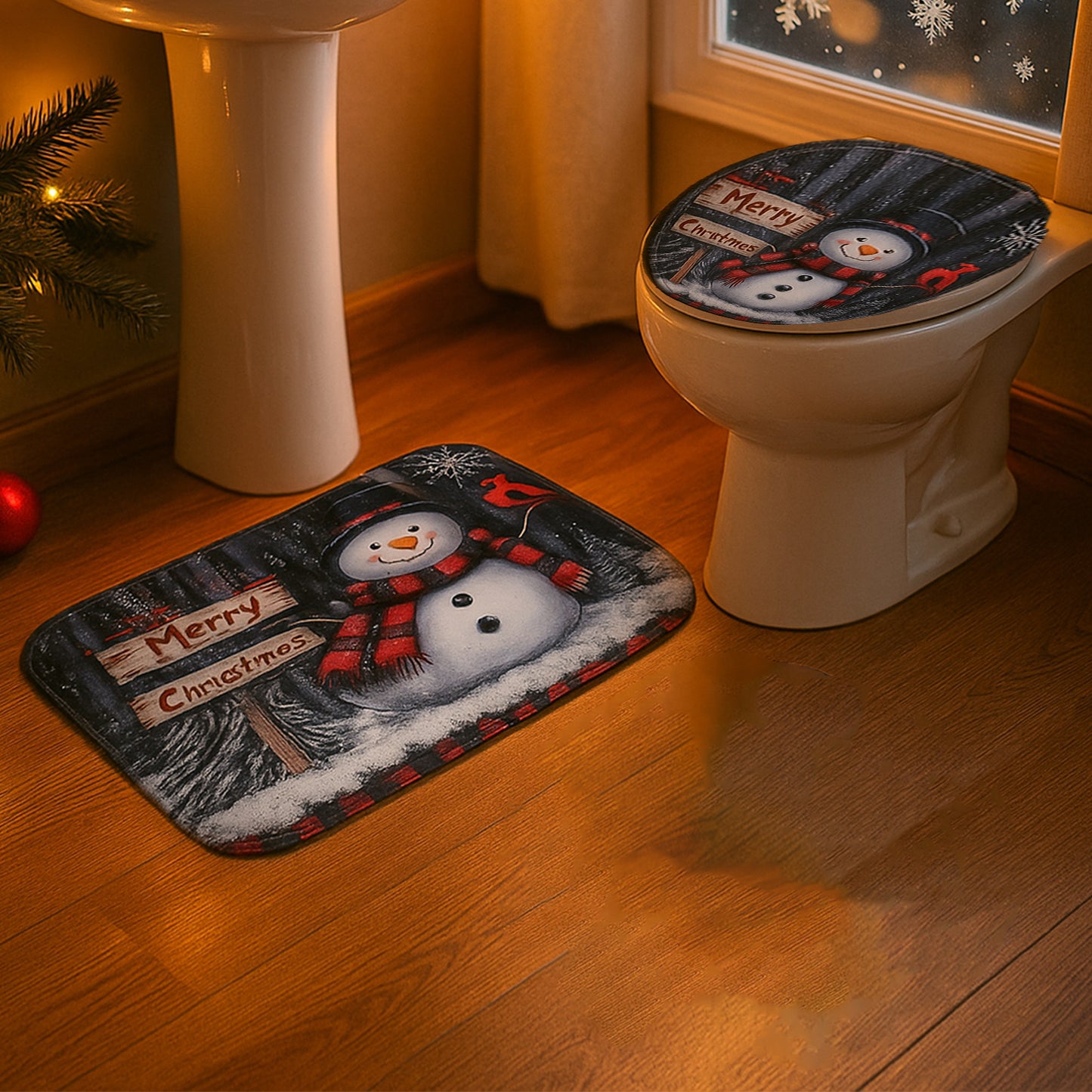 3-Piece Christmas Snowman Bathroom Mat Set - Non-Slip Microfiber Bath Rug, U-Shape Mat & Toilet Lid Cover - Happy Price - Image 5